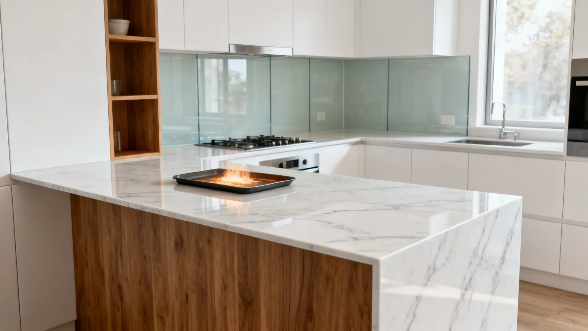 Modern L-shaped kitchen featuring white marble island wood paneling white cabinets and a glass backsplash