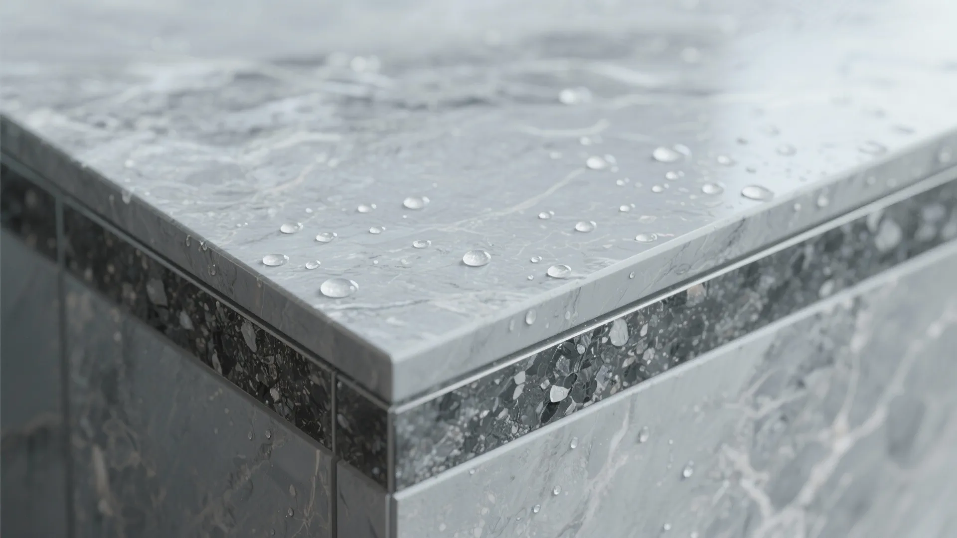 Grey marble surface with many water droplets and a dark stone decorative border on edge