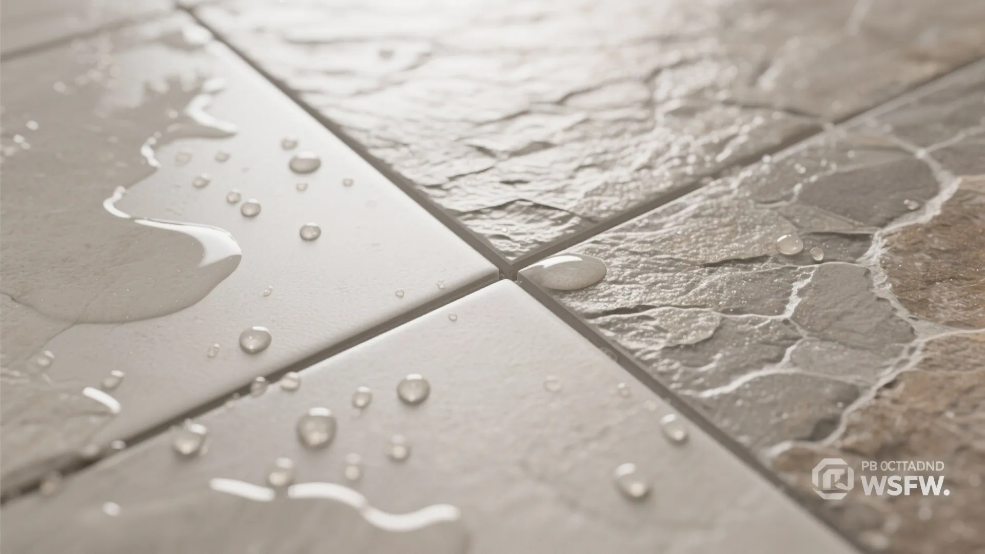 Water droplets on smooth beige and textured grey stone floor tiles in a modern bathroom