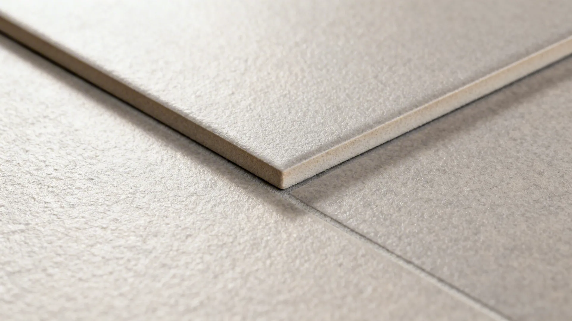 Macro of matte porcelain tile with tight grout joint in warm gray.