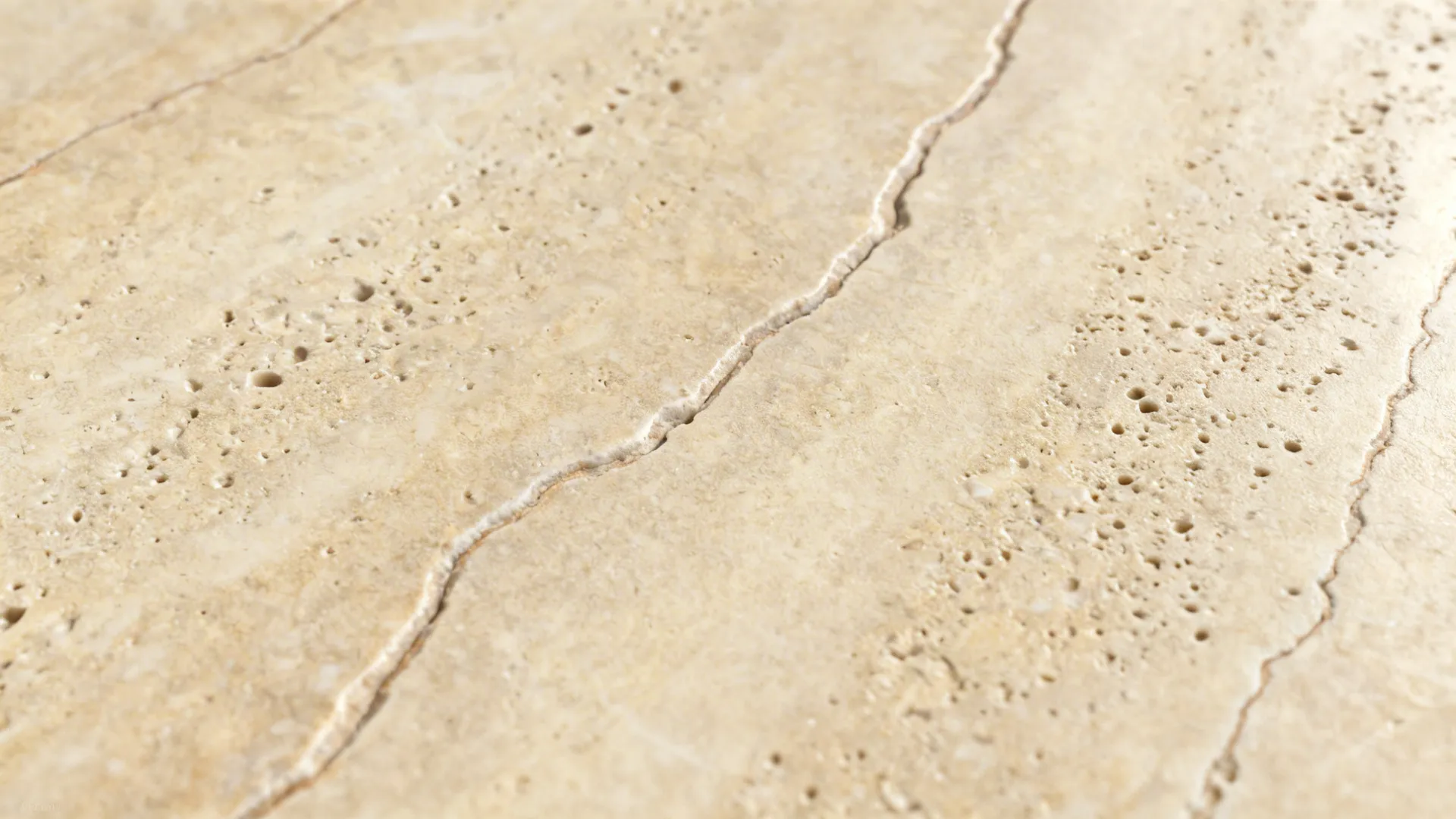 Macro of honed porcelain slab with travertine-like linear veining.