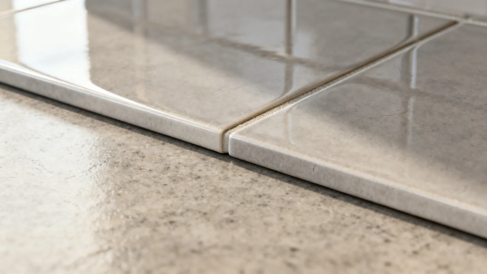 Macro detail of polished porcelain backsplash with tight rectified grout line.