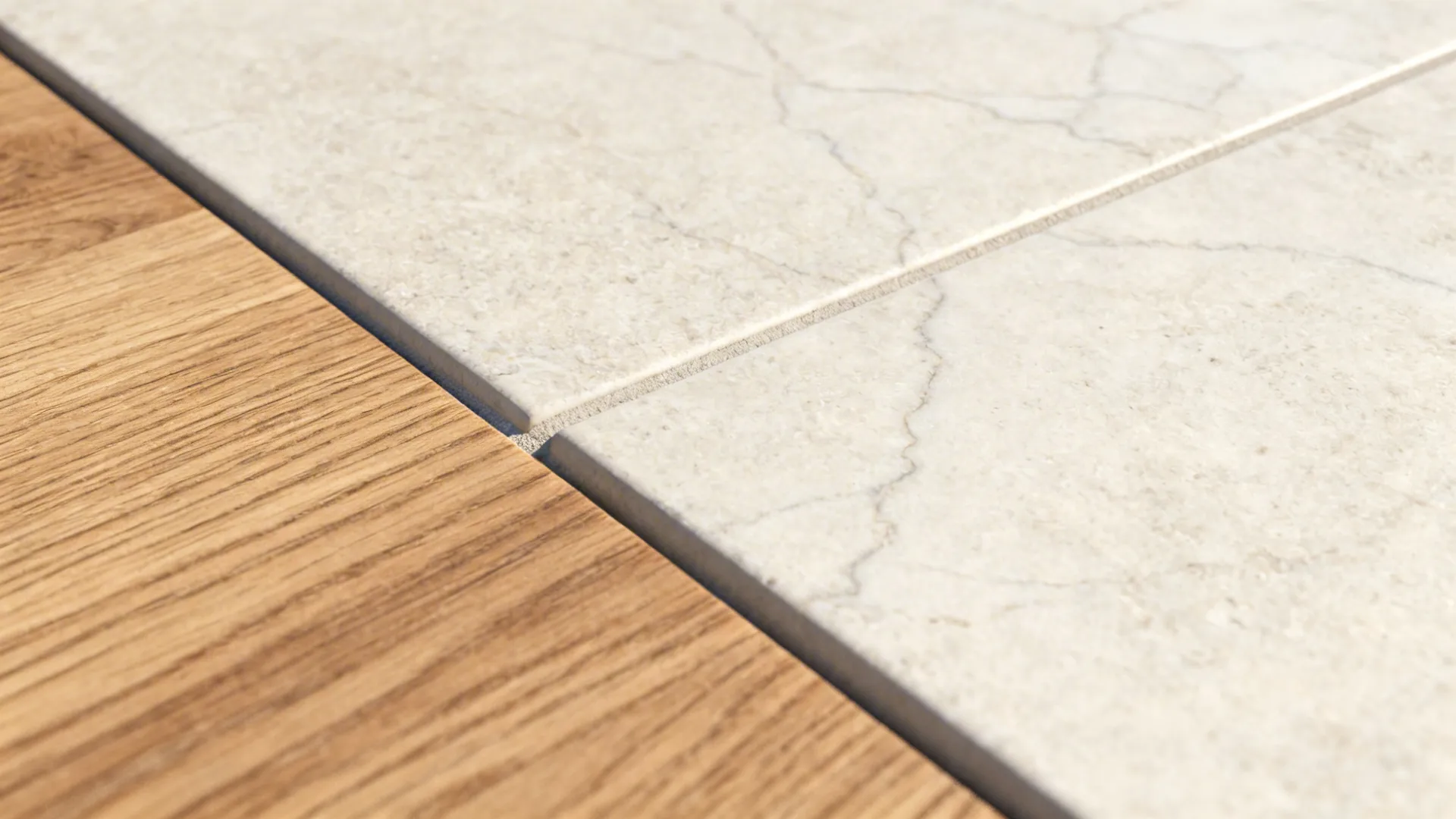 Close-up of honed stone-look porcelain veining with nearly invisible grout.
