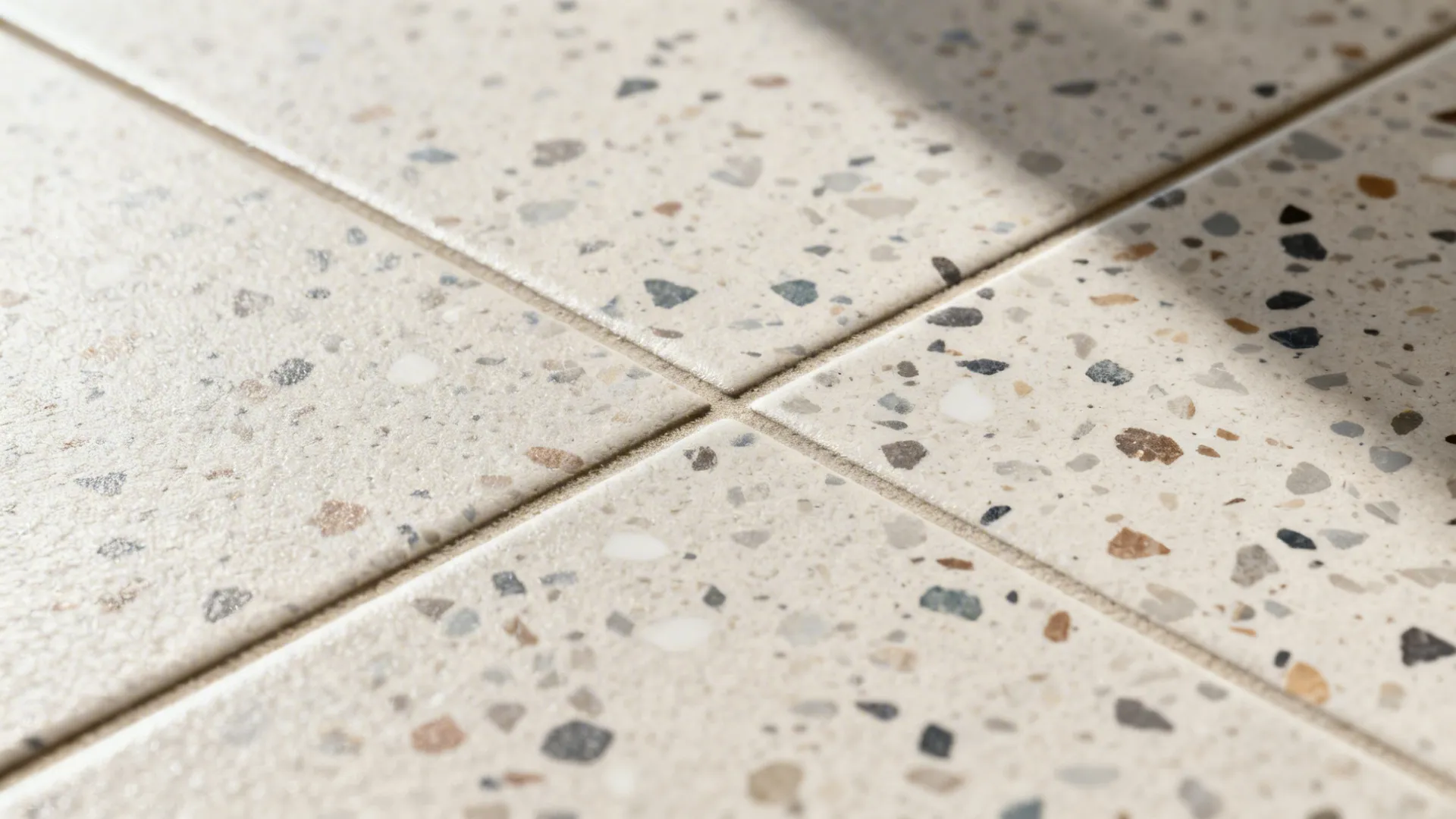 Macro of matte terrazzo-look porcelain tile with clean grout line.