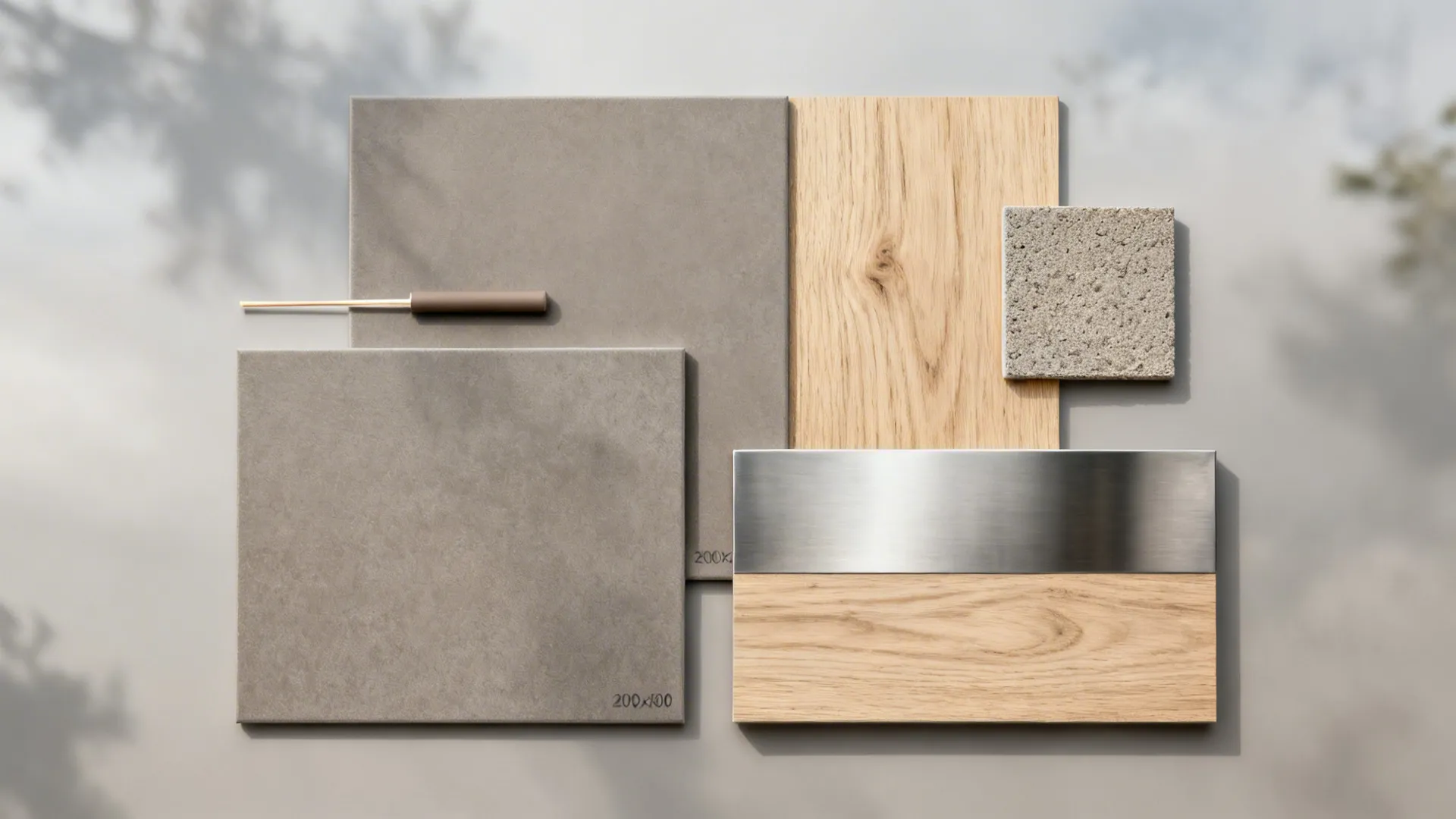 Flat lay with matte grey porcelain tiles, grout sample, stainless, and oak veneer.