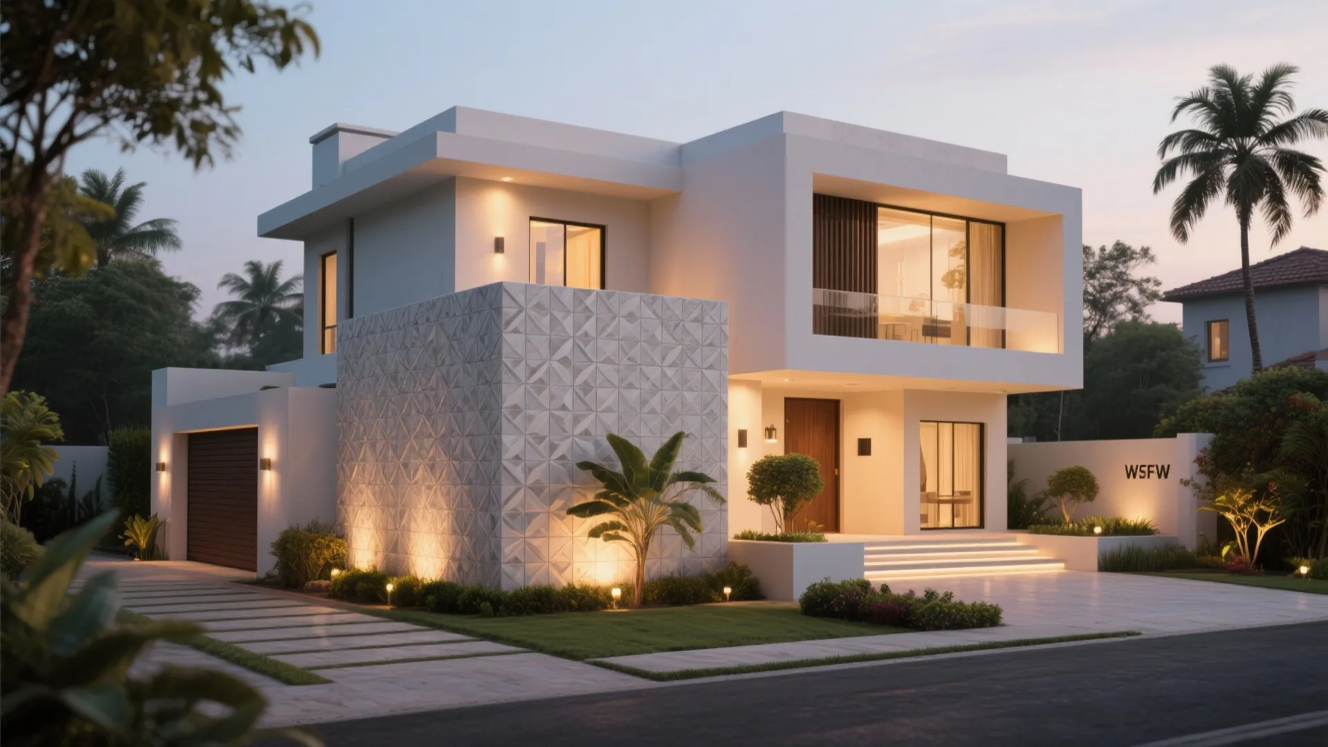 Modern white two story house with geometric wall panel warm outdoor lighting driveway and palms