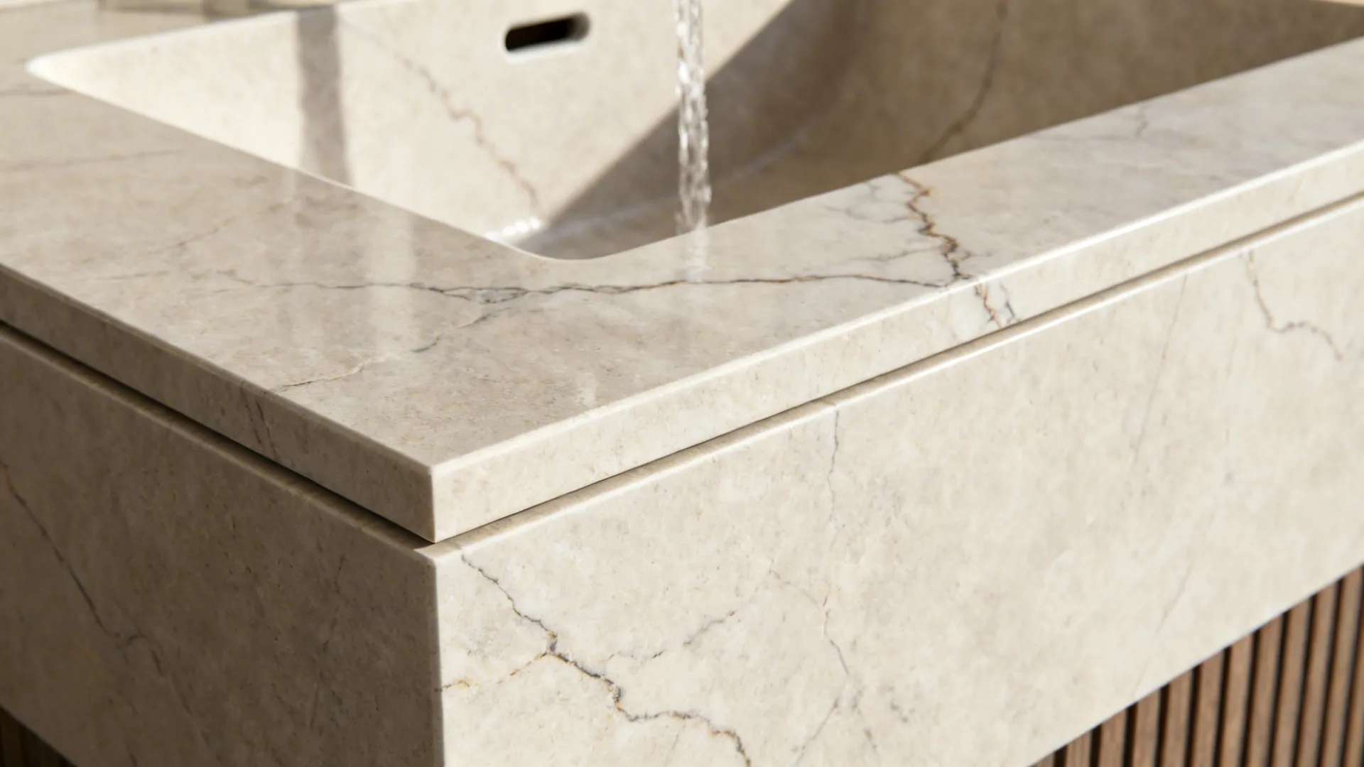 Macro of mitered porcelain edge and aligned stone pattern at the splash.