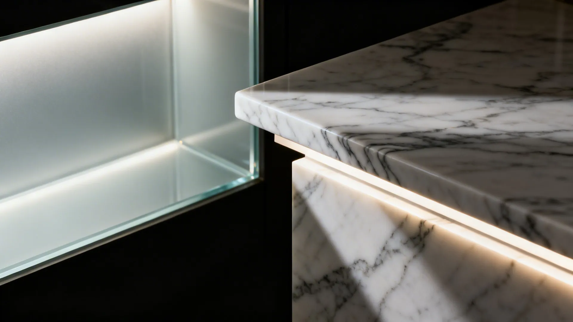 Close-up of mitered veined porcelain edge beside a frosted, evenly backlit niche.