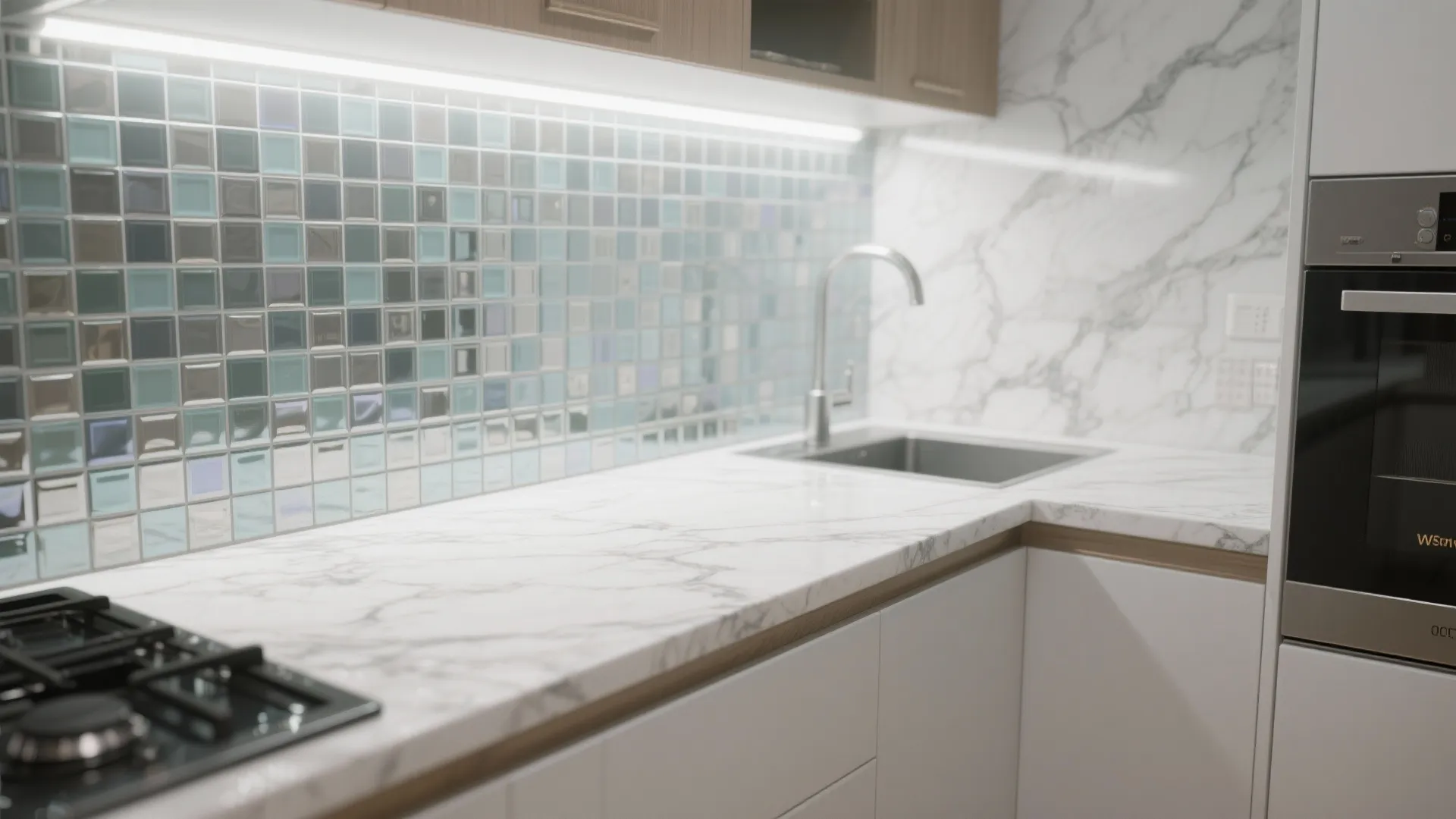 4. Marble-look porcelain countertop + mosaic glass backsplash