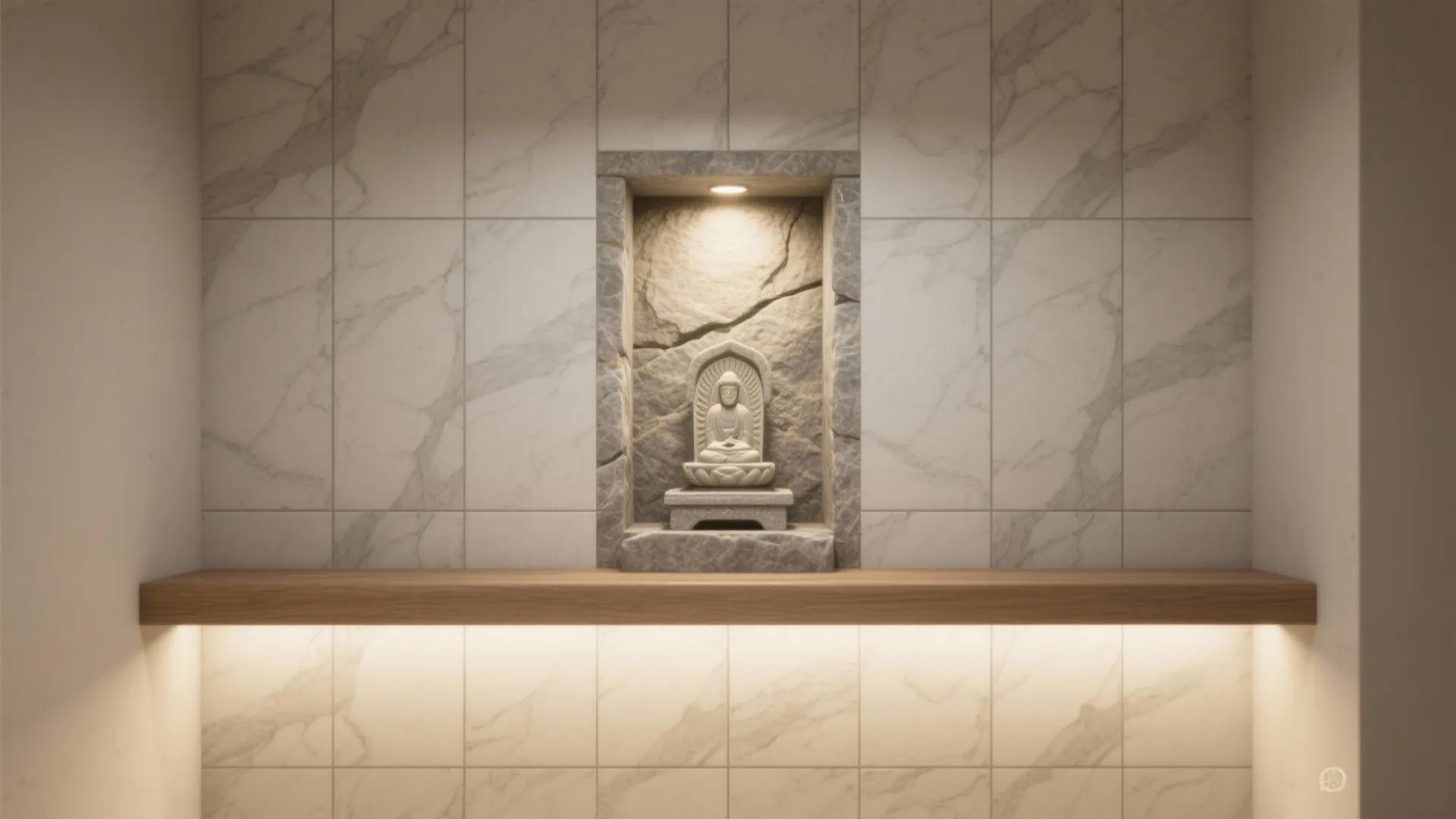 Small stone statue in a wall niche with marble tiles and a wooden wall shelf