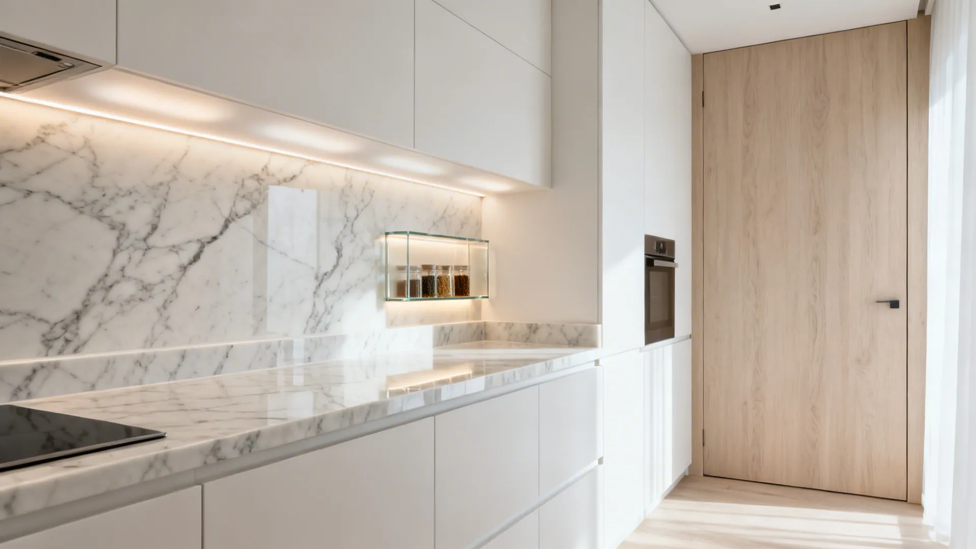 Veined porcelain slab with a low backsplash and a softly backlit spice niche.