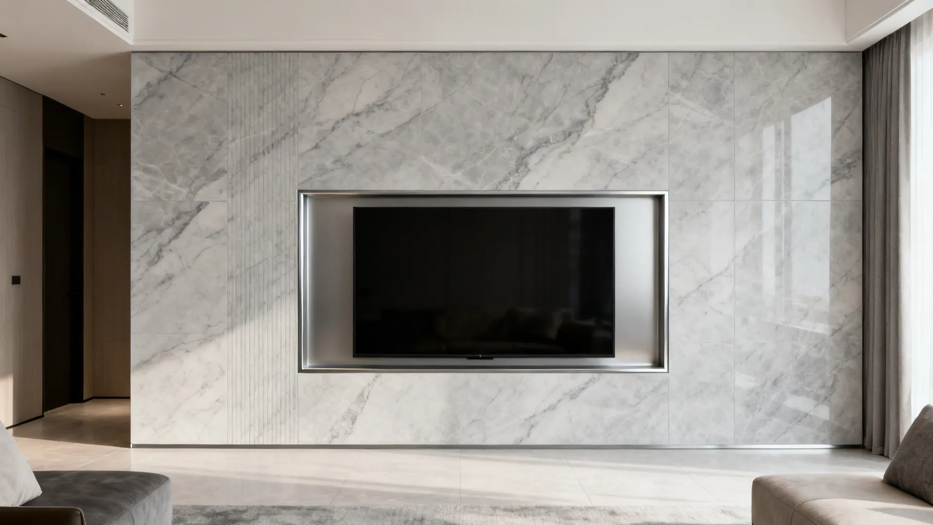 Porcelain slab wall with a recessed niche holding a flush-mounted LCD in a refined living room.