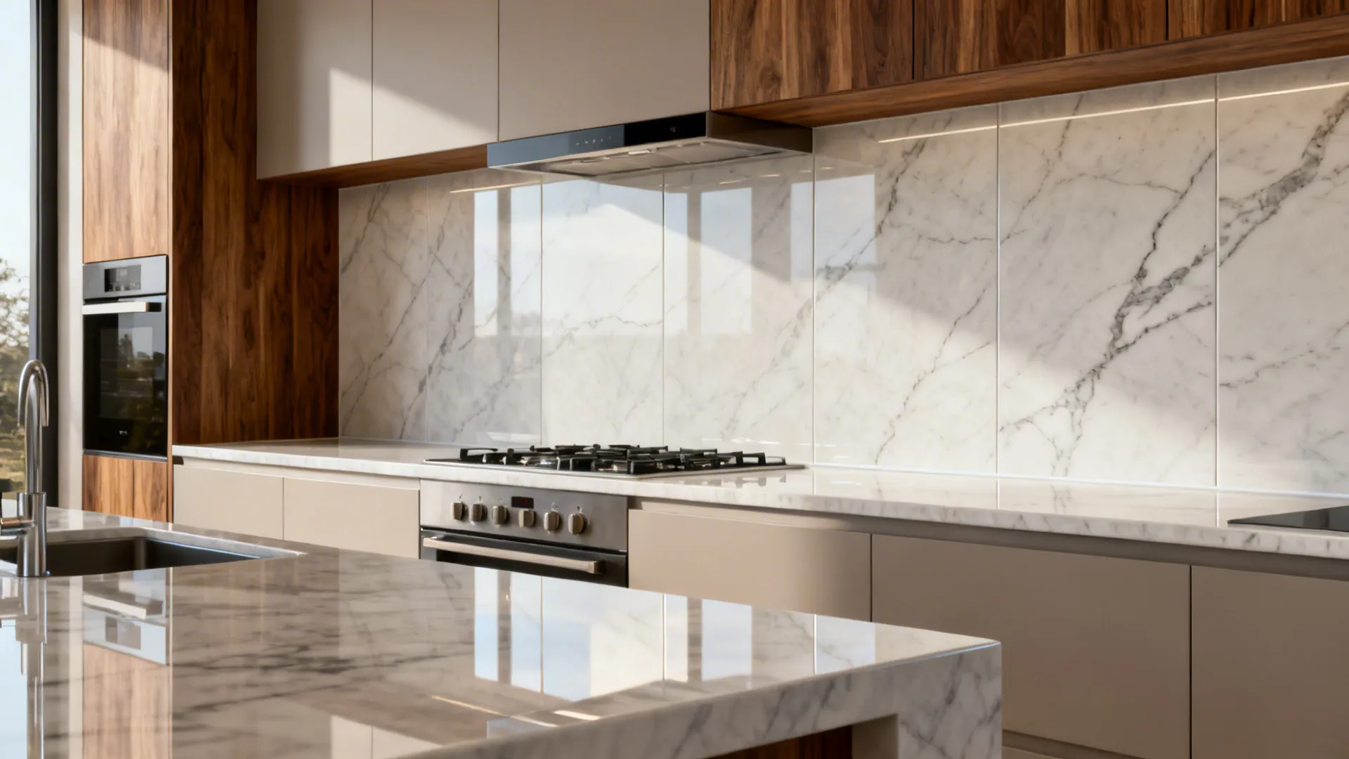 Porcelain panel backsplash in slab-look across a range wall with vein-matched joints and timber accents.