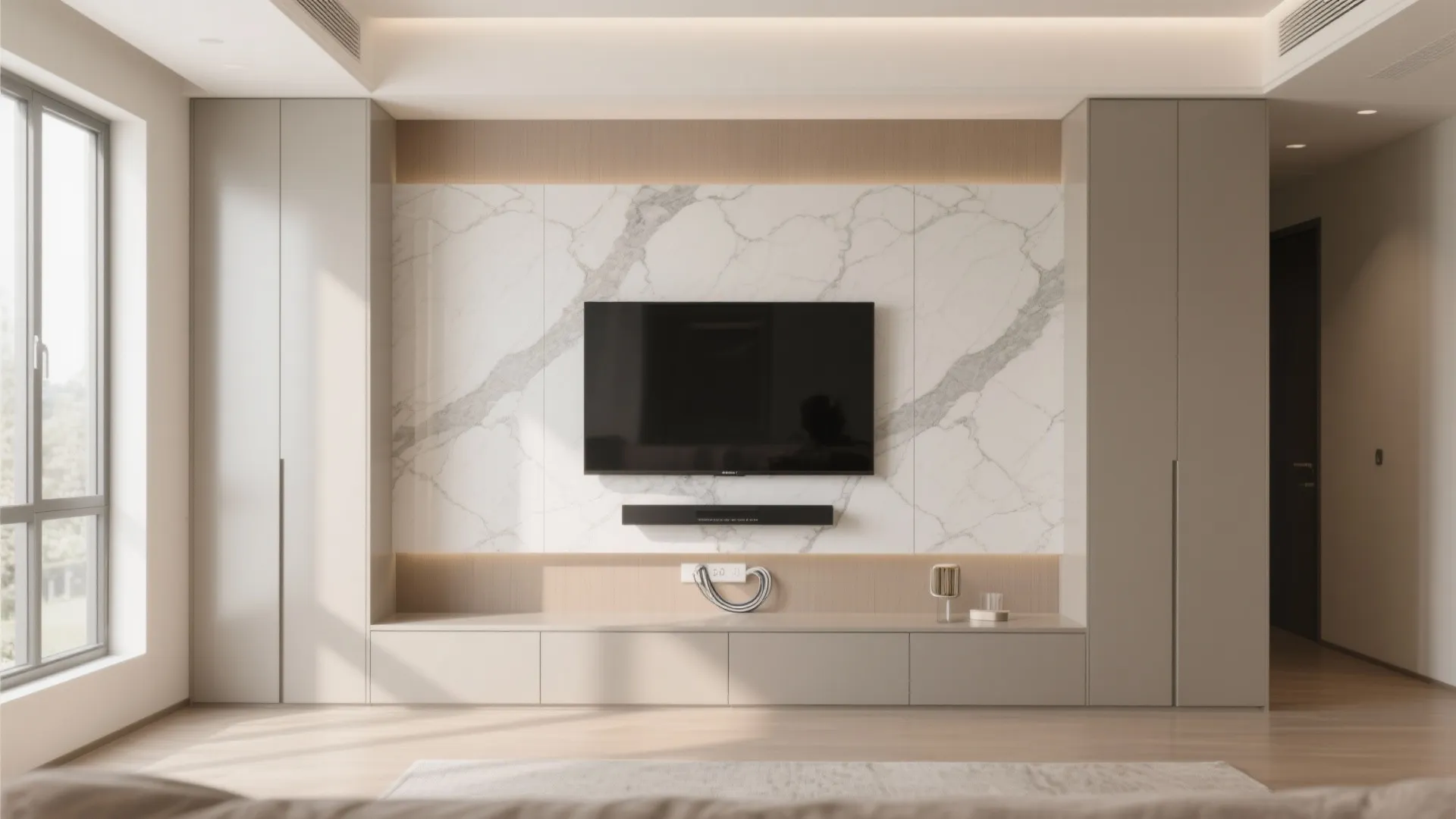 4) Mixed Materials: Stone-Look Panel Meets Matte Lacquer