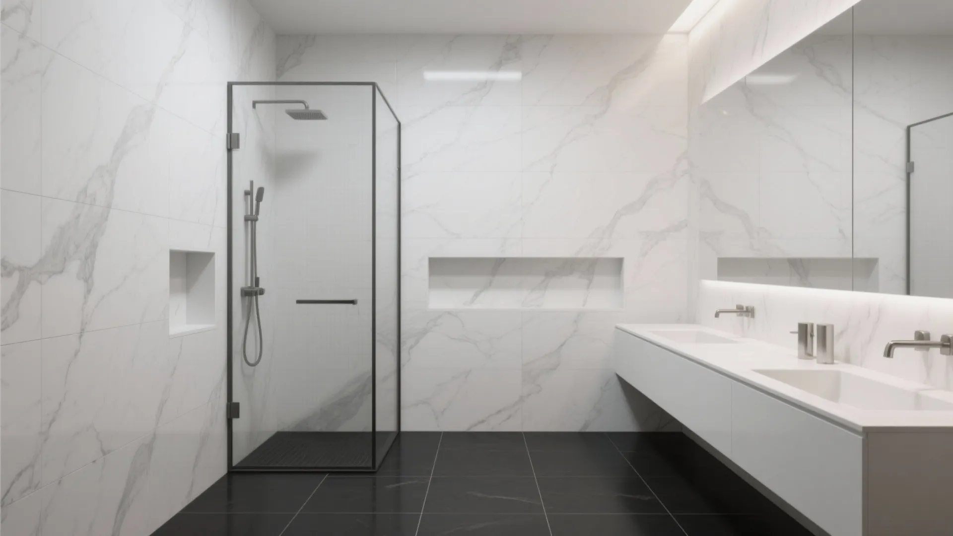 Modern bathroom with white marble wall tiles black floor tiles glass shower and double sink