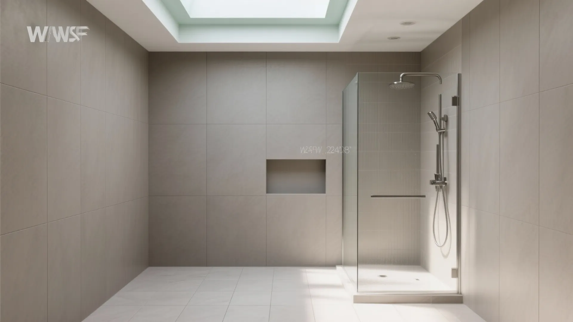 Modern bathroom with grey wall tiles, glass shower door, wall niche, and bright ceiling window