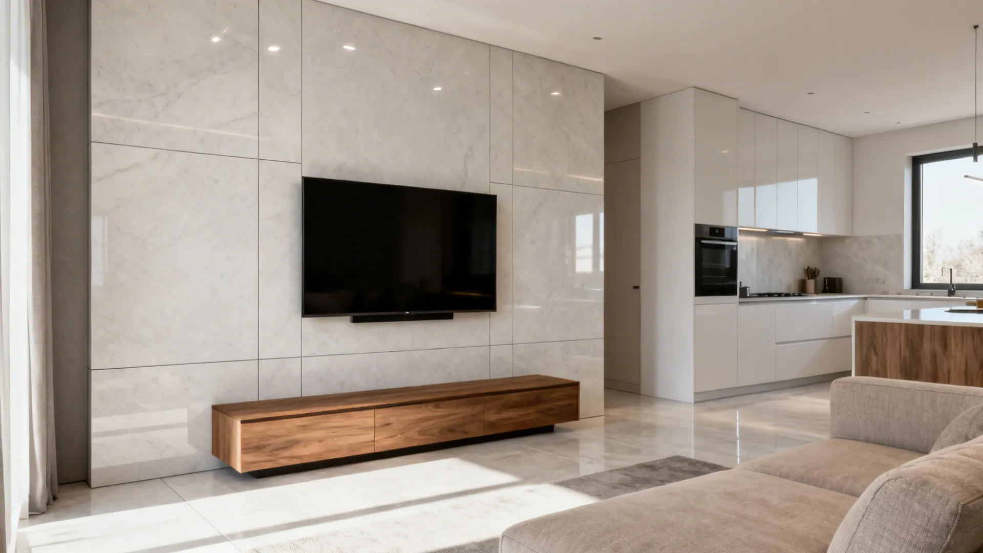 Seamless large-format porcelain slab wall behind a TV in a minimal living room.
