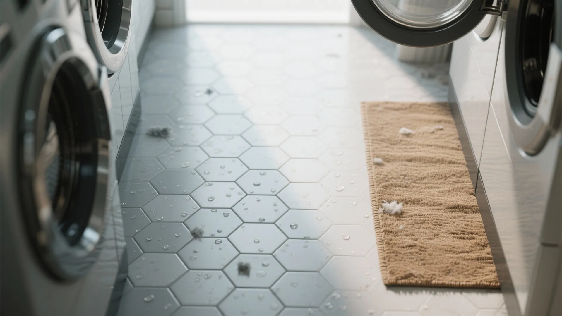 Close up of laundry room floor with white hexagon tiles and a brown floor mat