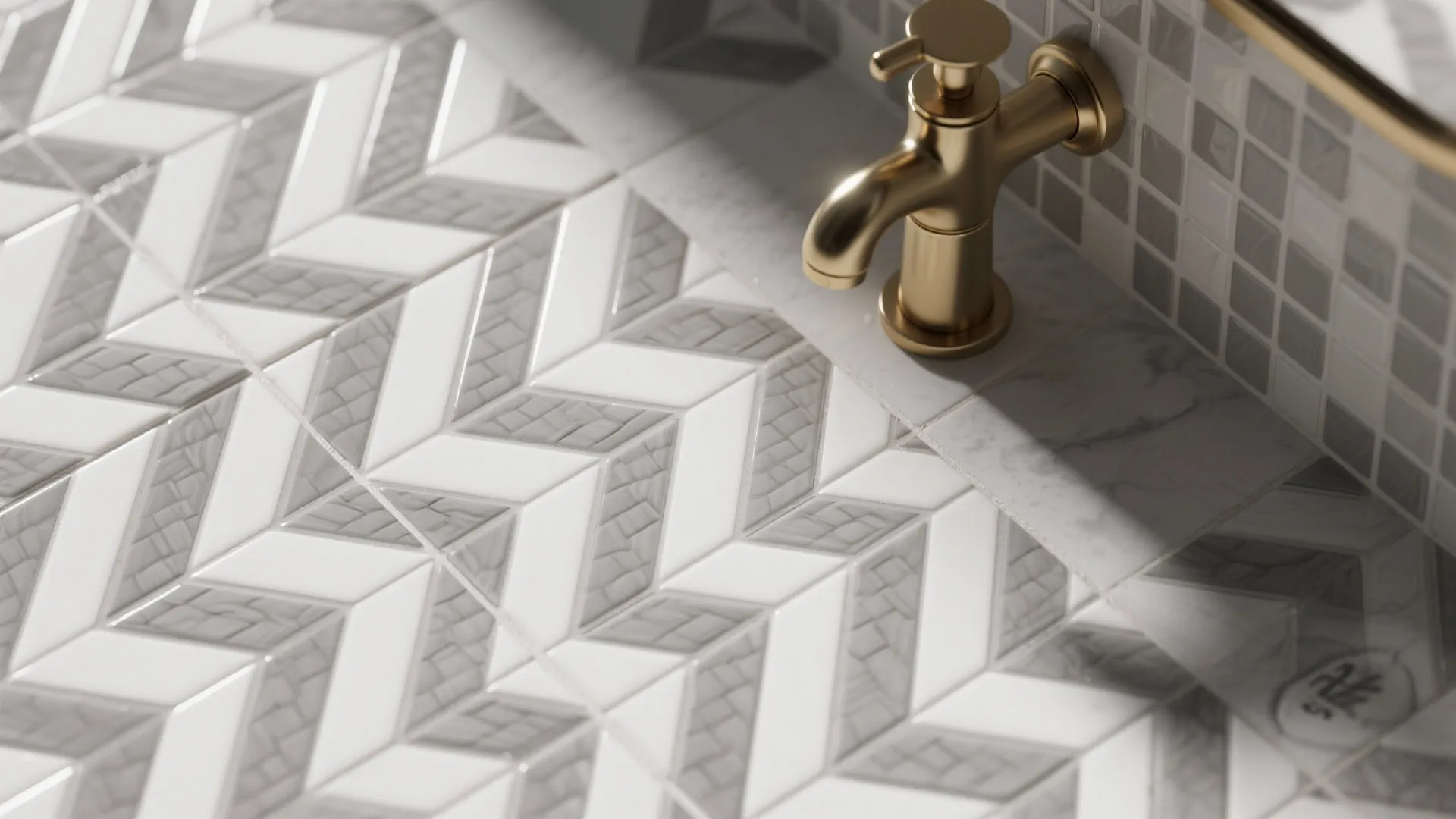 Porcelain tiles in chevron and basketweave patterns with brass accents