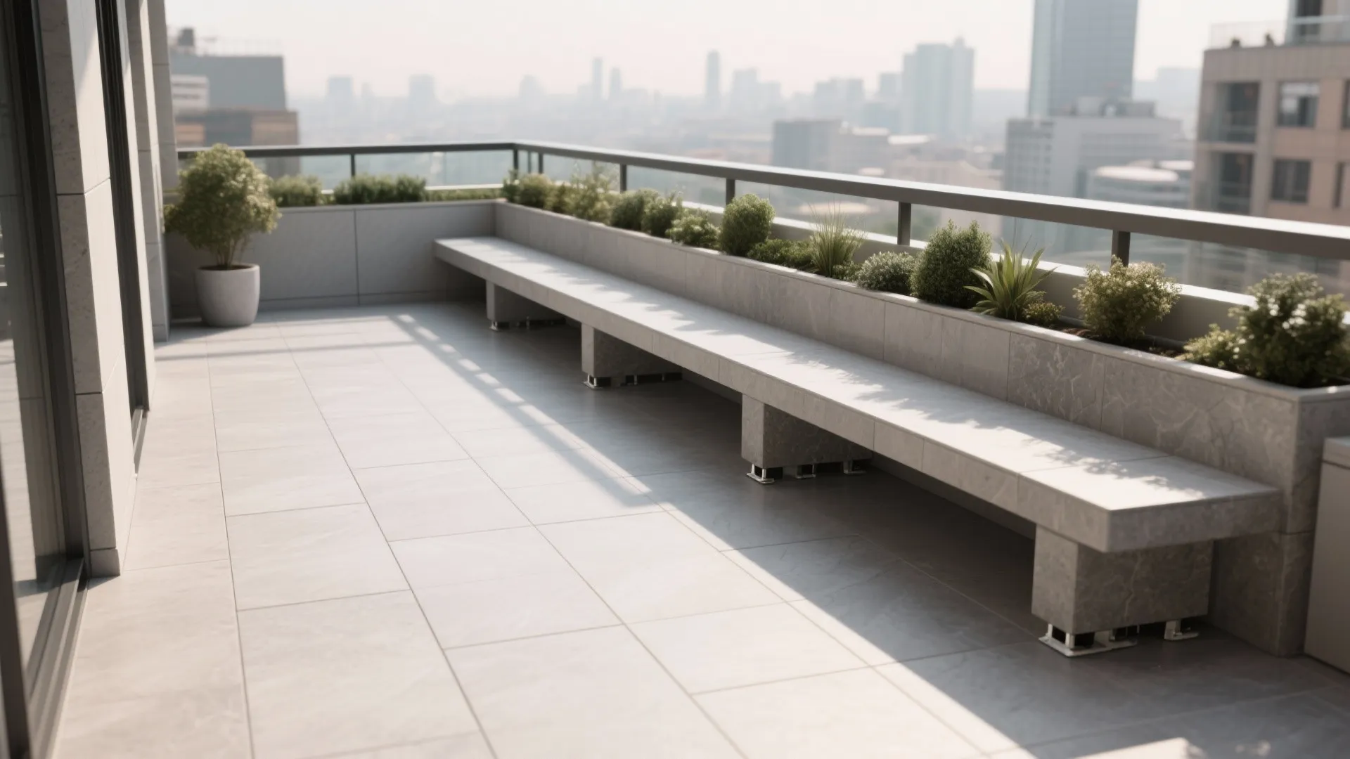 Balcony with level 20 mm porcelain pavers on pedestals featuring crisp groutless joints and planters.