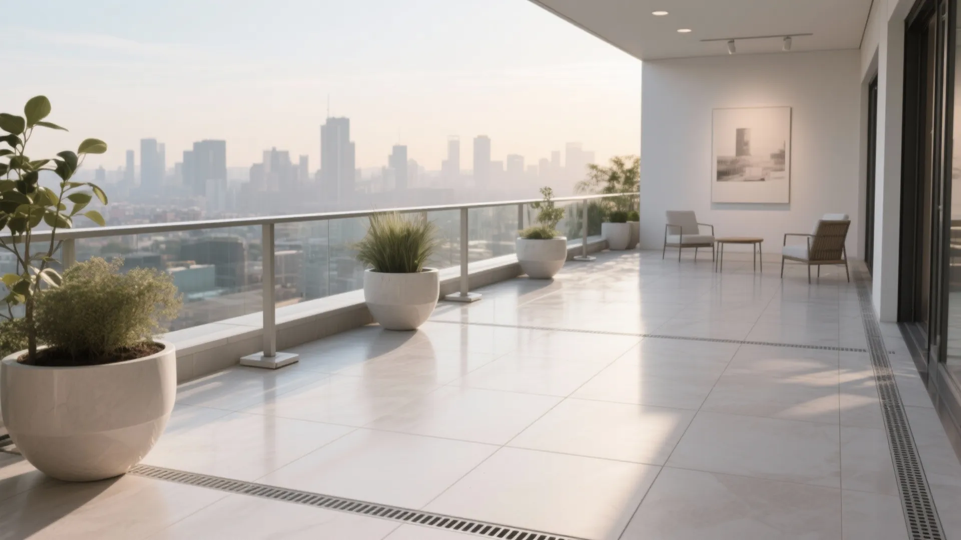 Balcony with large light porcelain pavers on pedestals with crisp drainage joints and sculptural planters.