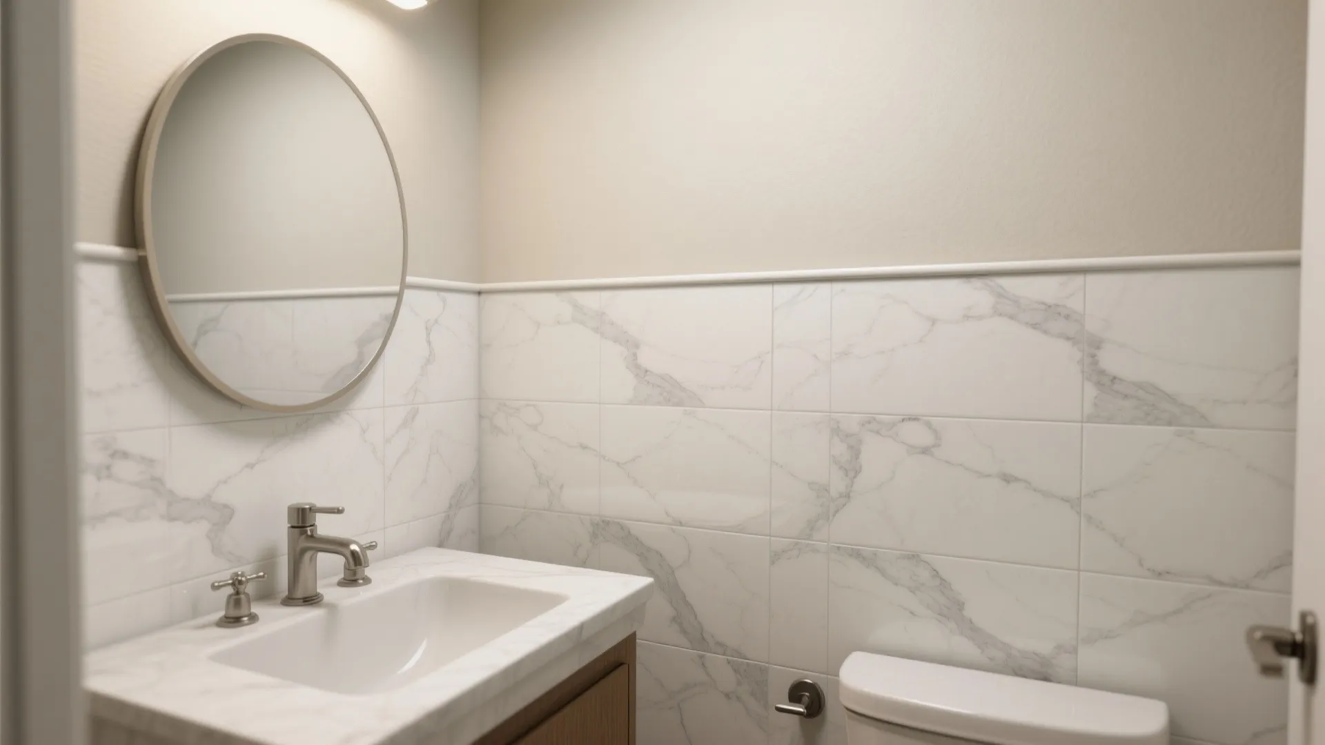 Bathroom interior with marble pattern wall tiles, round wall mirror, white sink, and wooden cabinet
