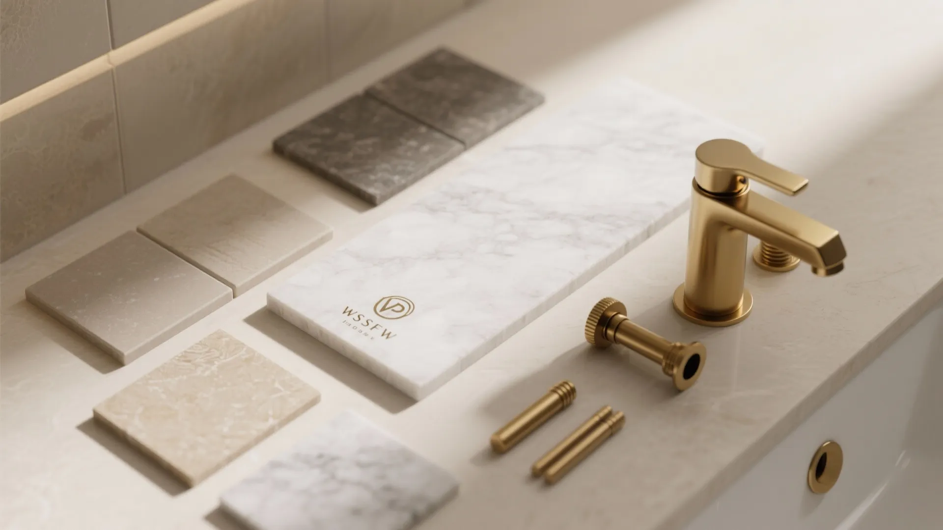 Close up view of stone material samples and gold bathroom faucet on a beige counter surface