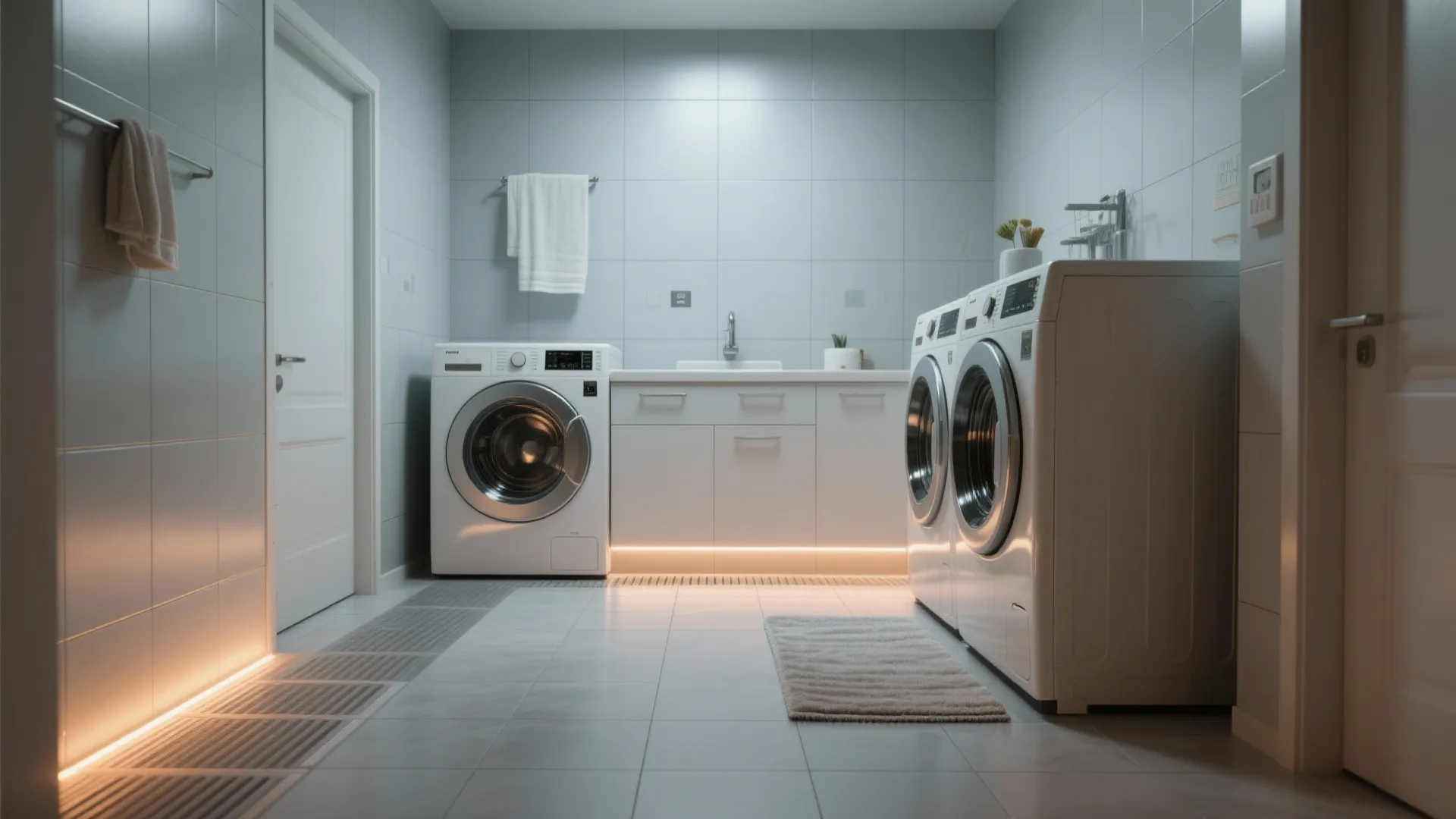 Modern laundry room with heated tile floor white washing machines cabinets and soft warm underglow light