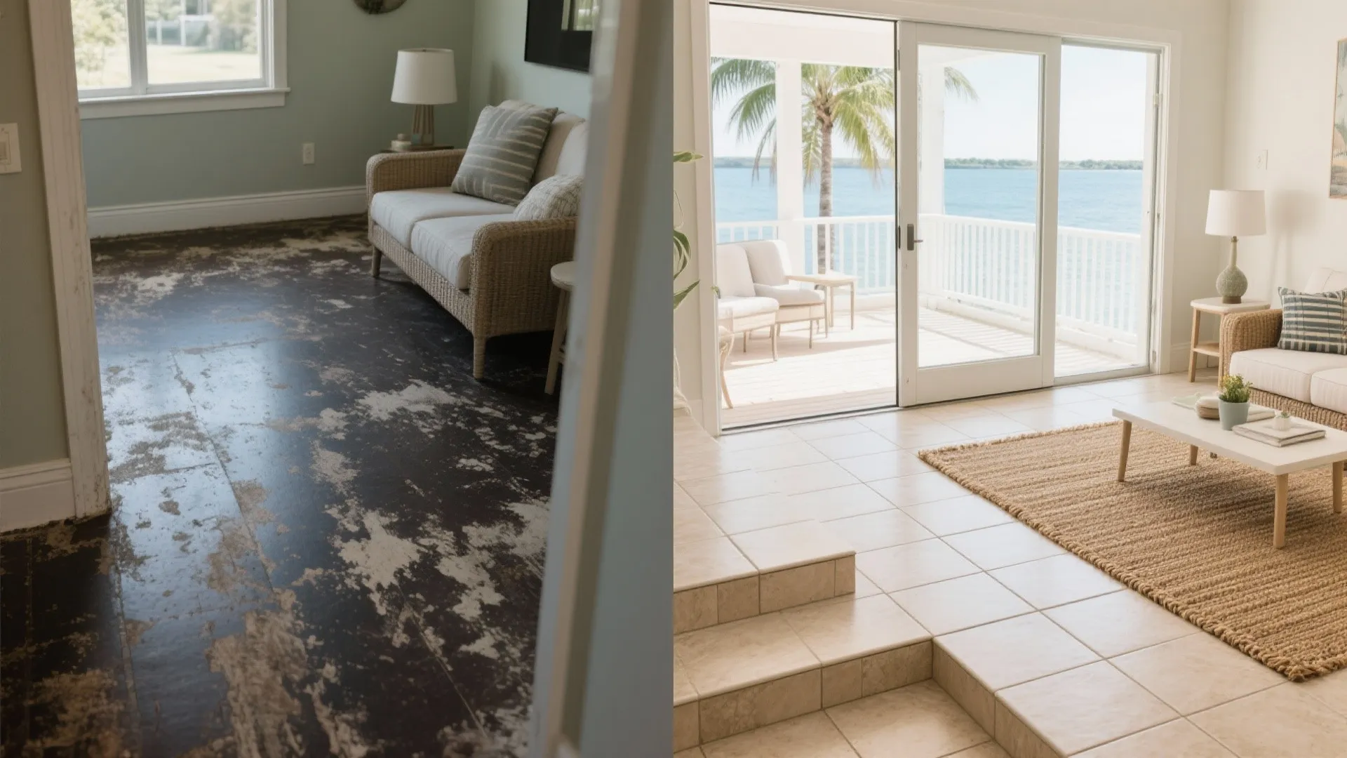 Tile or engineered floors with indoor-outdoor rugs