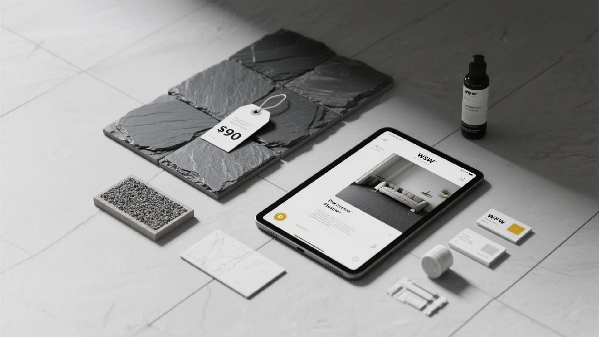 Porcelain tile samples, grout cards and a room planner on a tablet for budget-friendly planning.