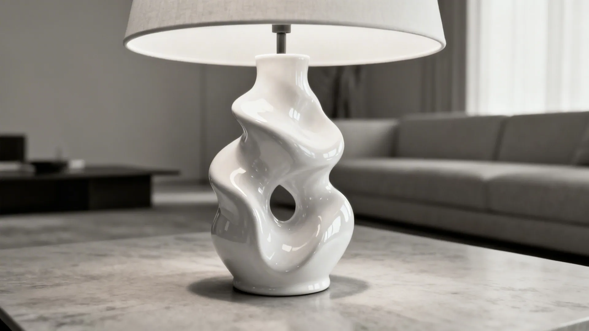 Sculptural white porcelain lamp as a focal accent on a coffee table.
