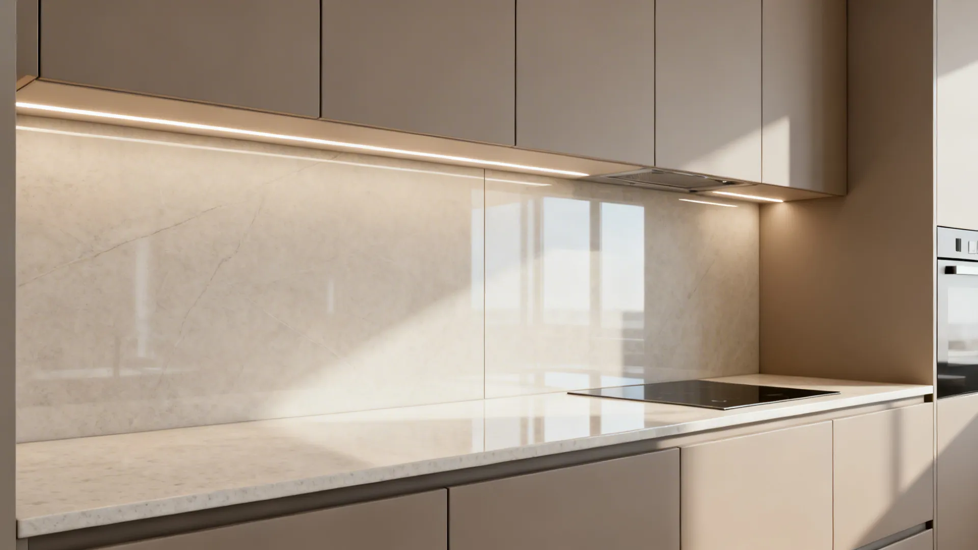 Large-format polished porcelain backsplash with minimal grout in a small modular kitchen.