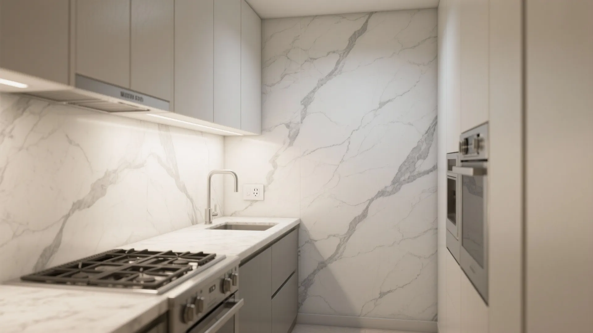 Full-height porcelain slab backsplash for a seamless look