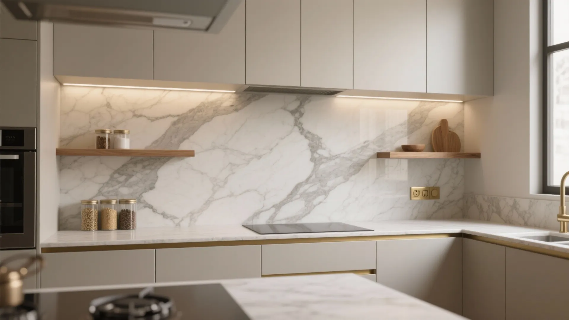 Modern kitchen with marble wall and grey cabinets plus wooden shelves and warm under-cabinet lighting