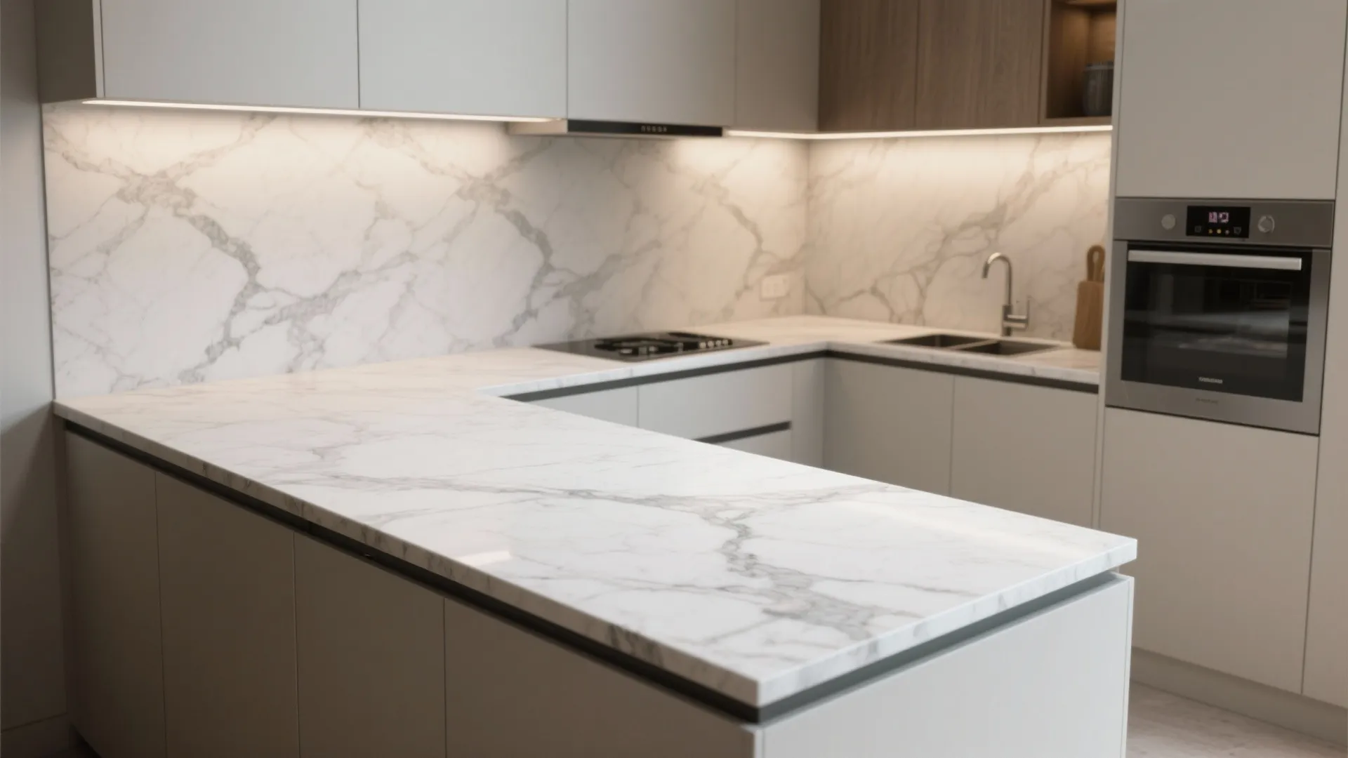 Modern kitchen with marble look countertop white cabinets built in oven and under cabinet lighting