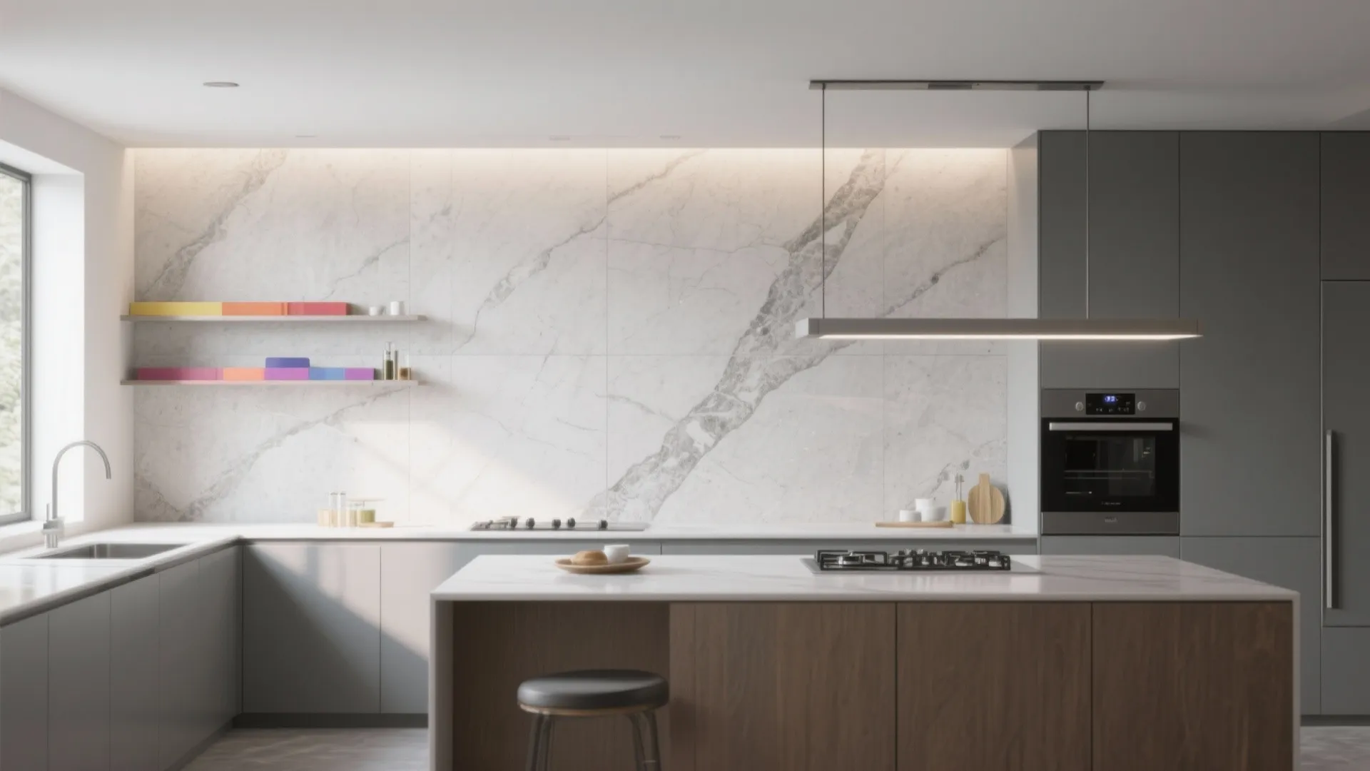 Modern kitchen with large marble wall tiles grey cabinets wooden island and hanging light fixture
