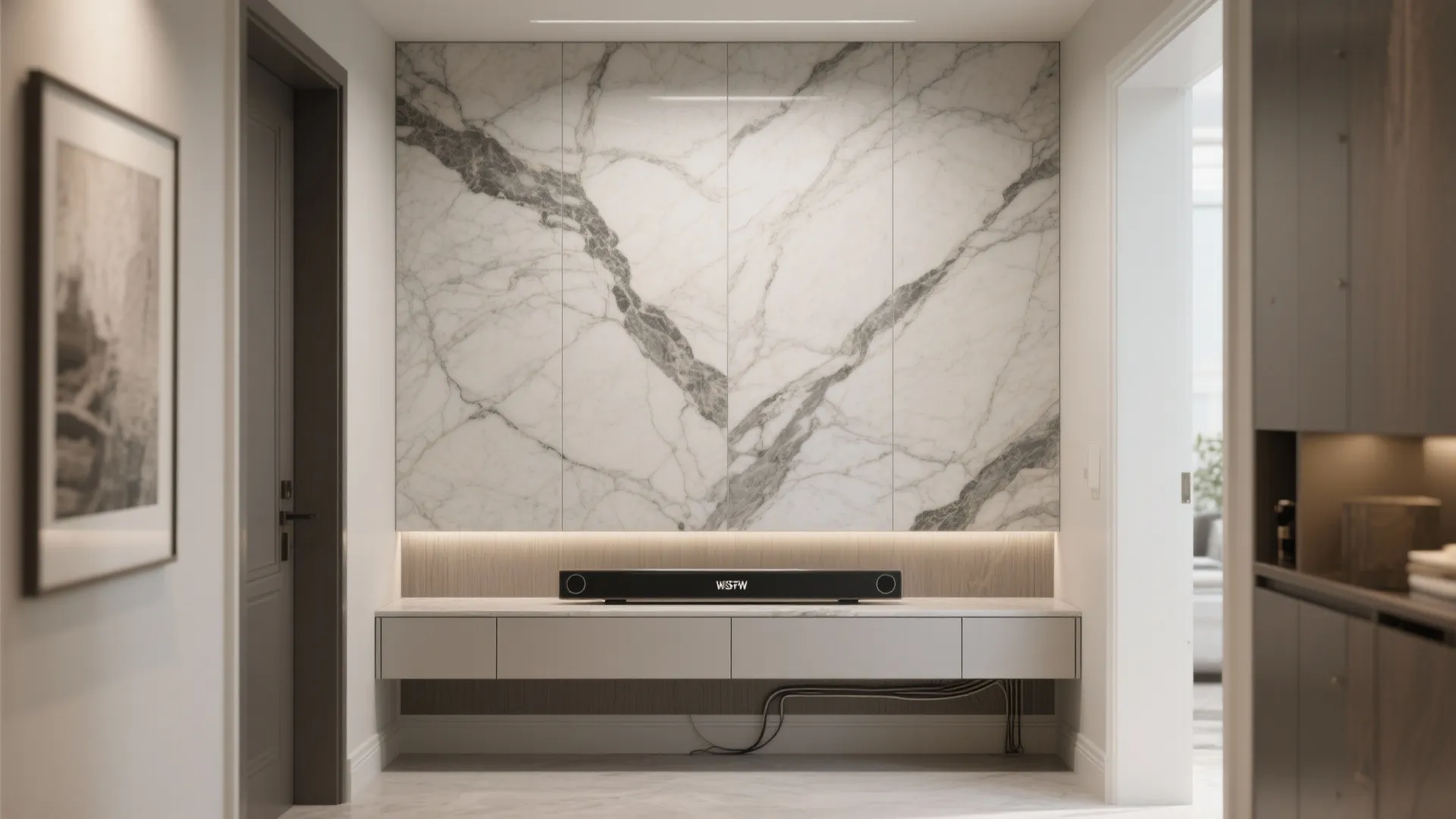 Honed large-format porcelain slab media wall with a slim console in a hall.