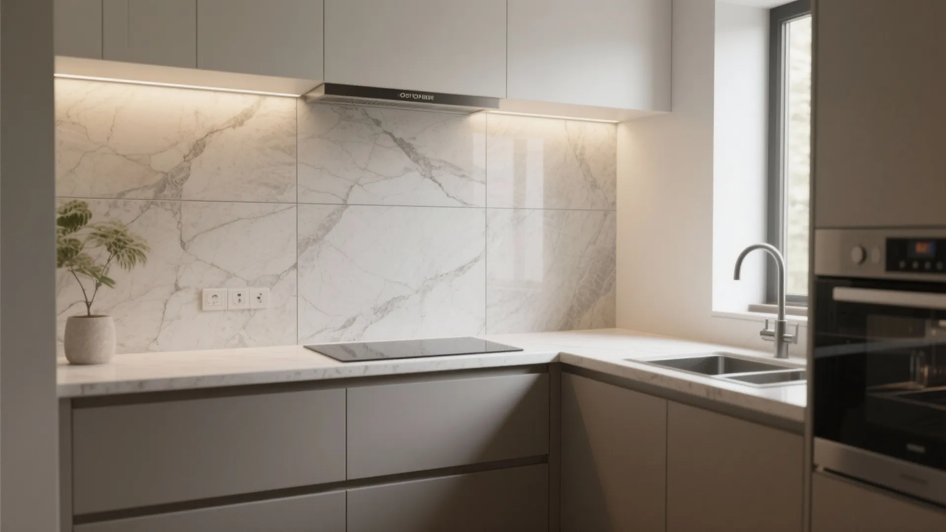 Minimalist kitchen design with white marble wall panel grey cabinets silver sink and small green plant
