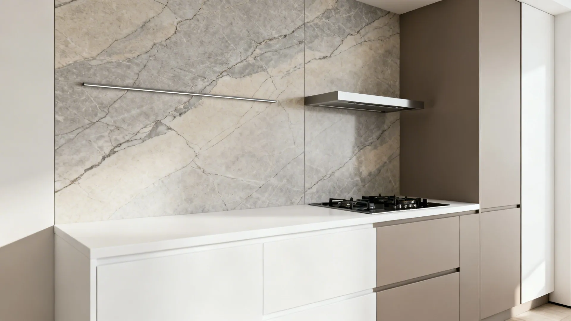 Small kitchen with seamless large-format porcelain slab backsplash and subtle veining.