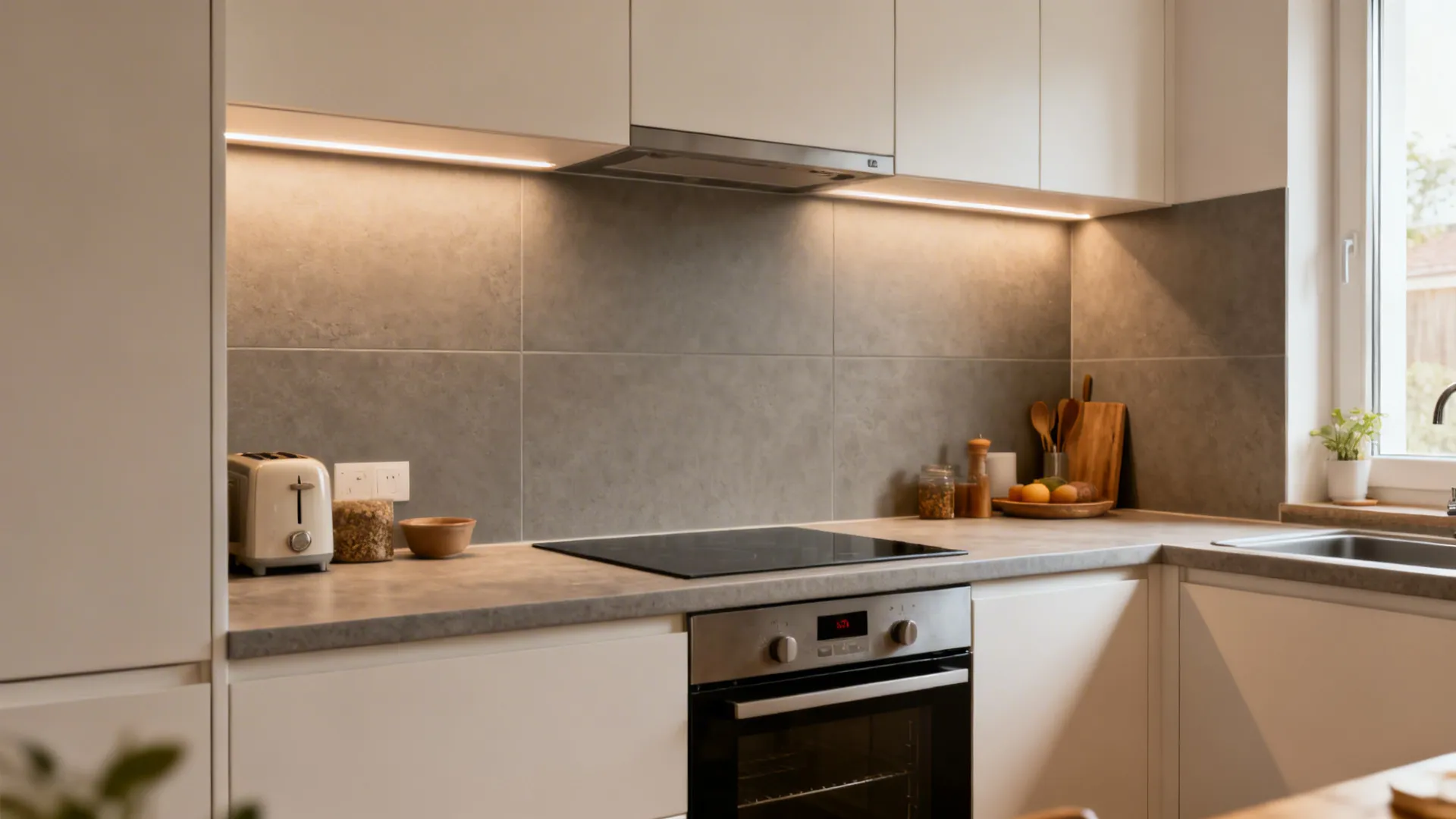 Small kitchen with warm gray large-format porcelain slab backsplash and tight joints.