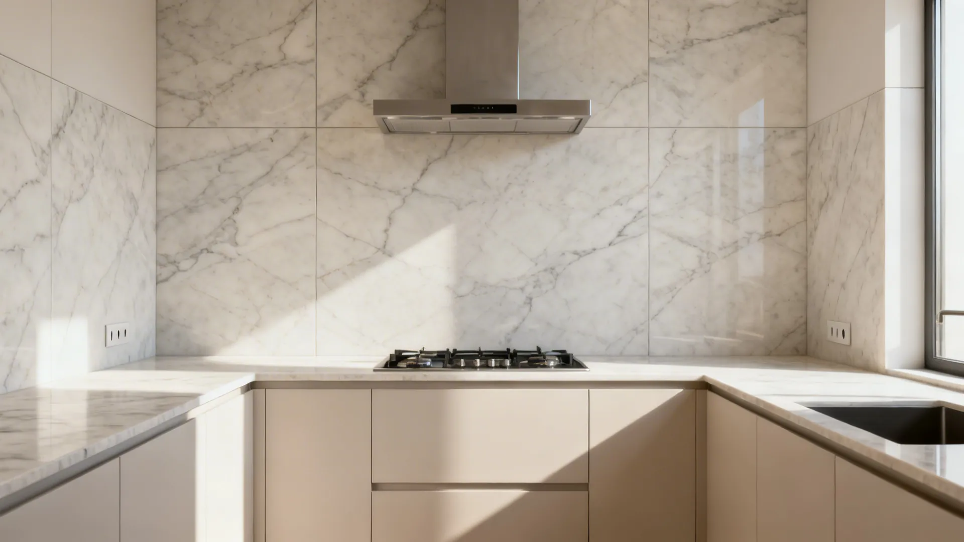 Large-format light stone-look porcelain slab backsplash with aligned veining in a compact U-shaped kitchen.