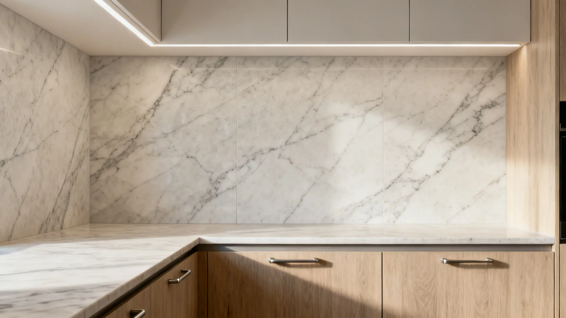 Large-format porcelain slab backsplash with minimal seams and soft veining.