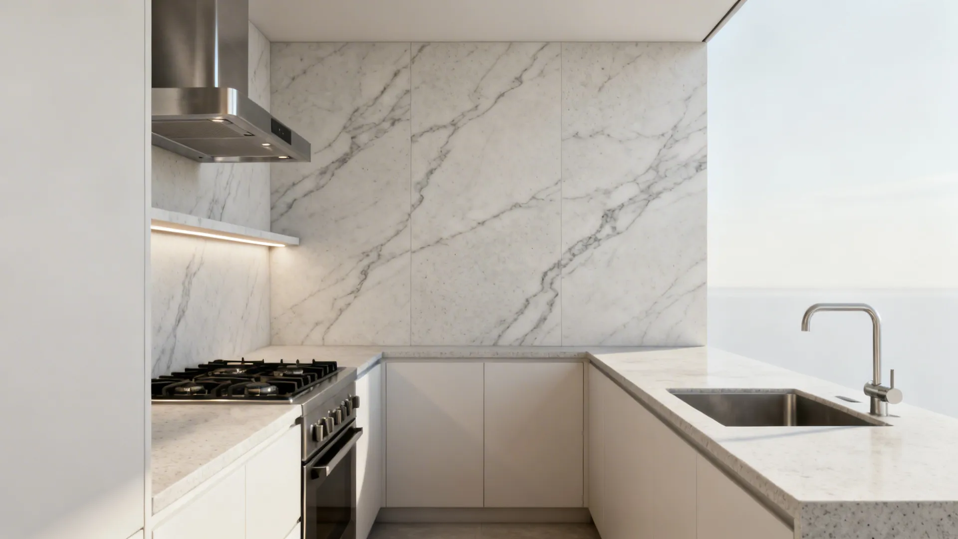 Small galley kitchen with a seamless honed porcelain slab backsplash featuring subtle marble veining.