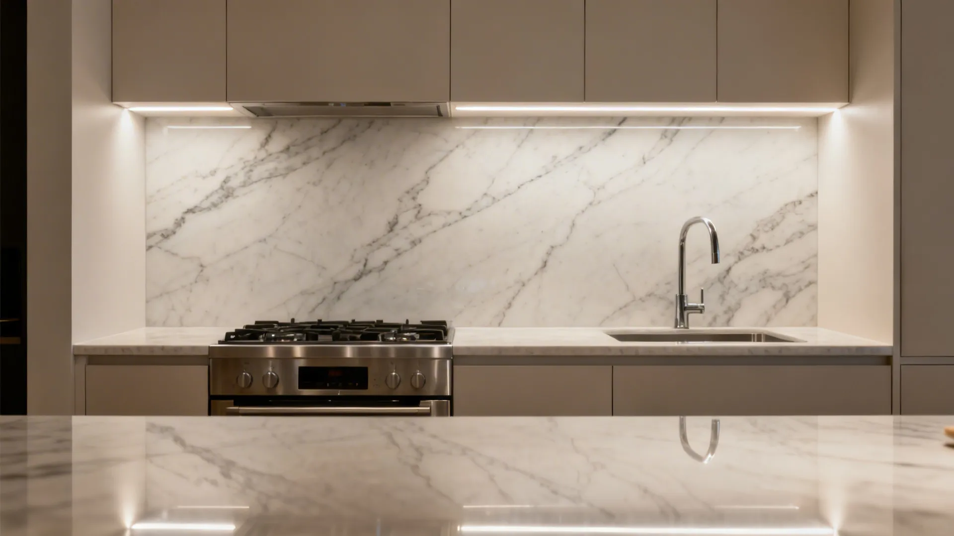 Small kitchen with large-format porcelain slab backsplash and minimal seams for a luxe look.