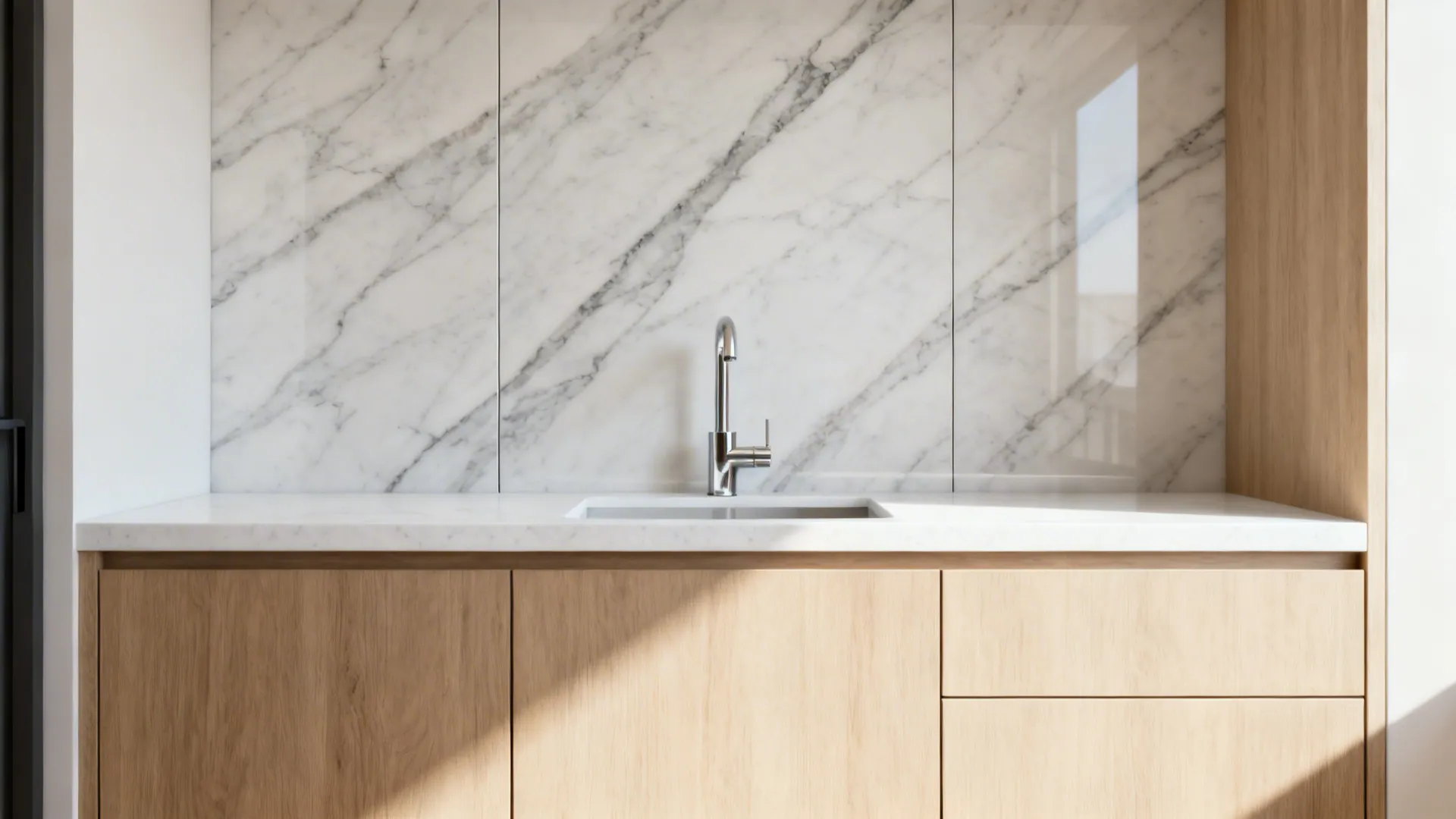 Modern kitchen with white marble wall panels silver faucet light wood cabinets and stone countertop
