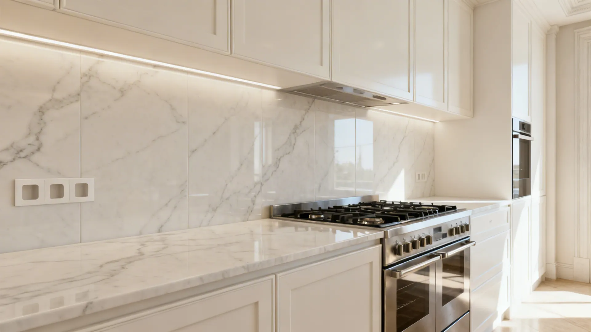 Full-height porcelain slab backsplash with subtle veining matched to the countertop.