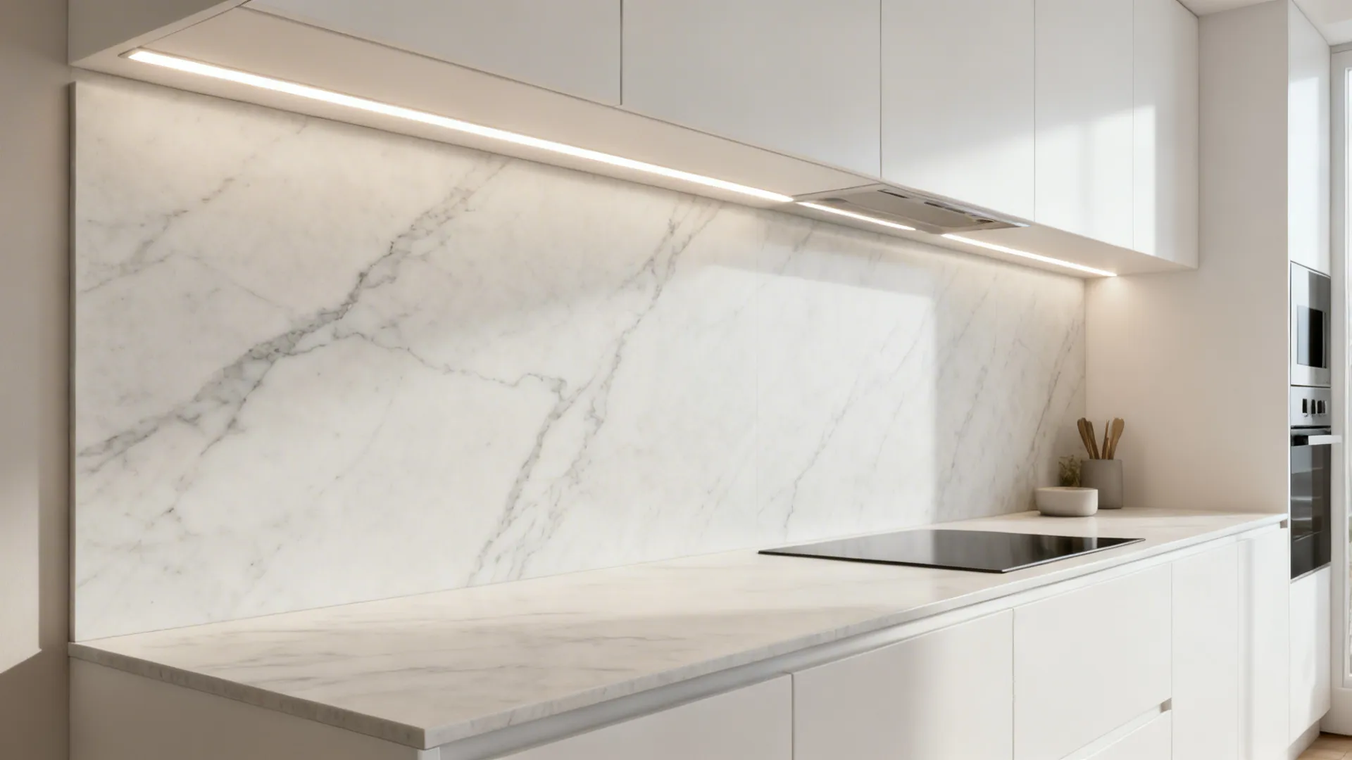 Large-format porcelain slab backsplash with minimal joints in a modern compact kitchen.