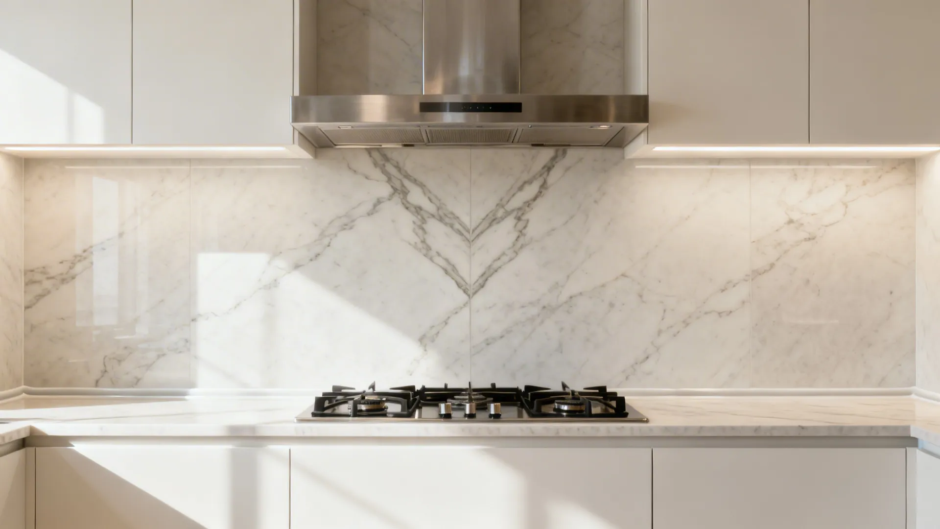 Large-format porcelain slab backsplash with bookmatched veining behind a gas cooktop.