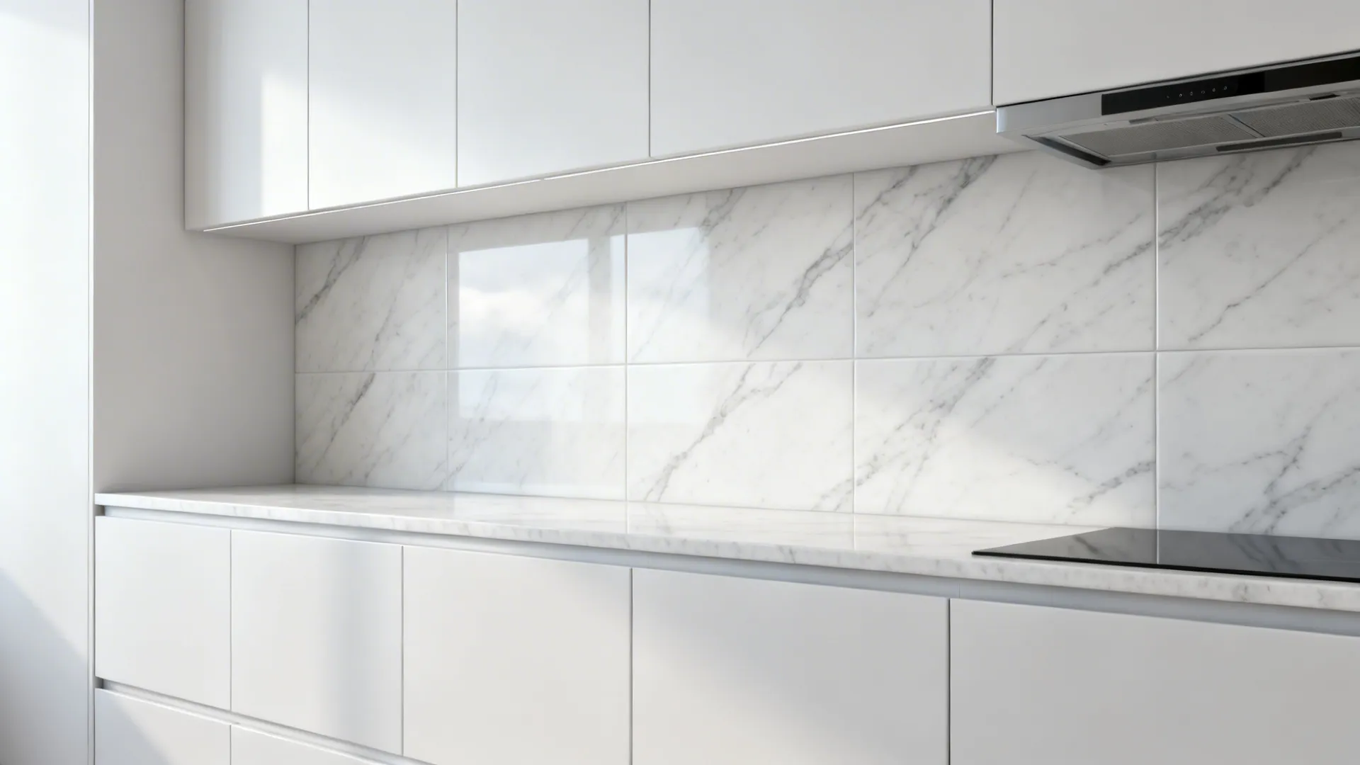 Large-format white porcelain slab backsplash with subtle veining and minimal seams.