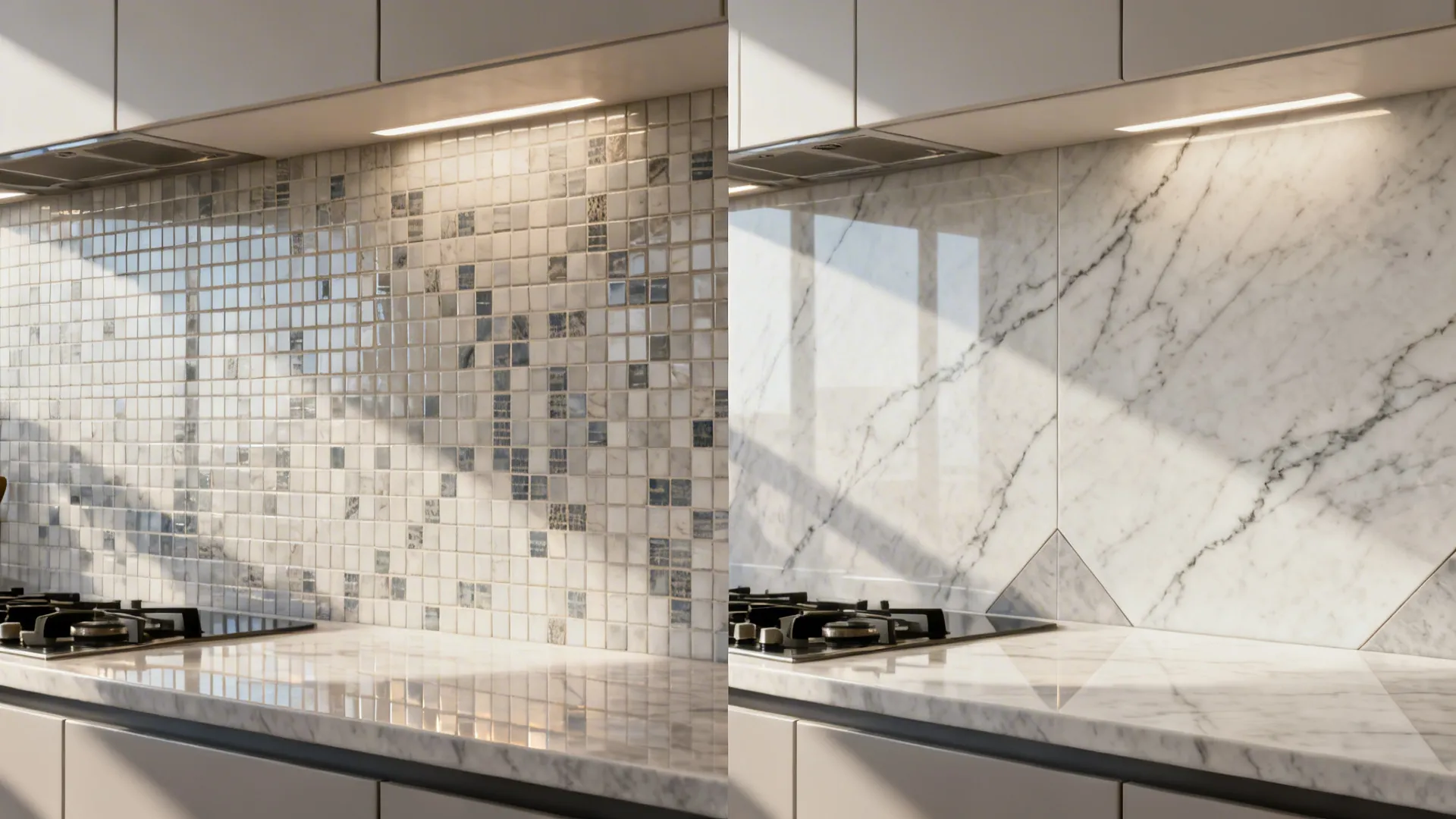 Before-and-after backsplash showing busy small tiles versus a seamless stone-look porcelain slab.